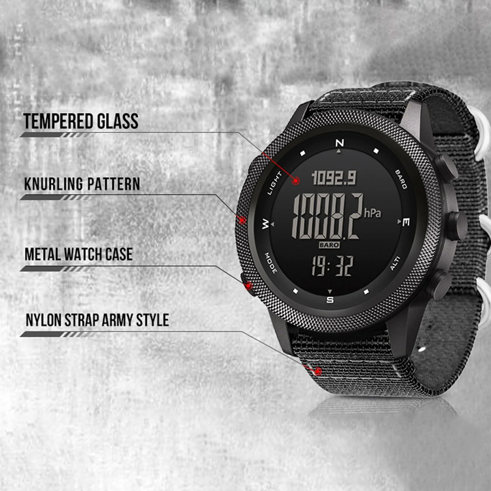 Montre Numérique Multifonctionnelle Hommes Altimètre Baromètre Boussole 50 M Etanche Nylon Noir