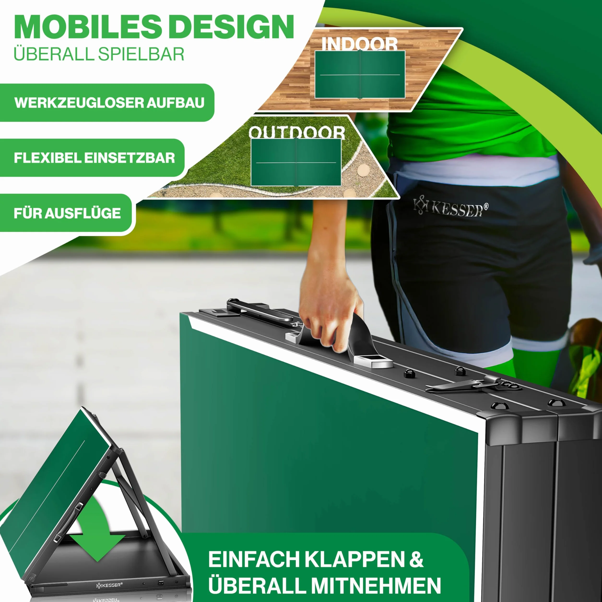 KESSER Mini table de ping-pong d'extérieur intérieur avec raquettes balles filet TT résistant aux intempéries laminé pliable