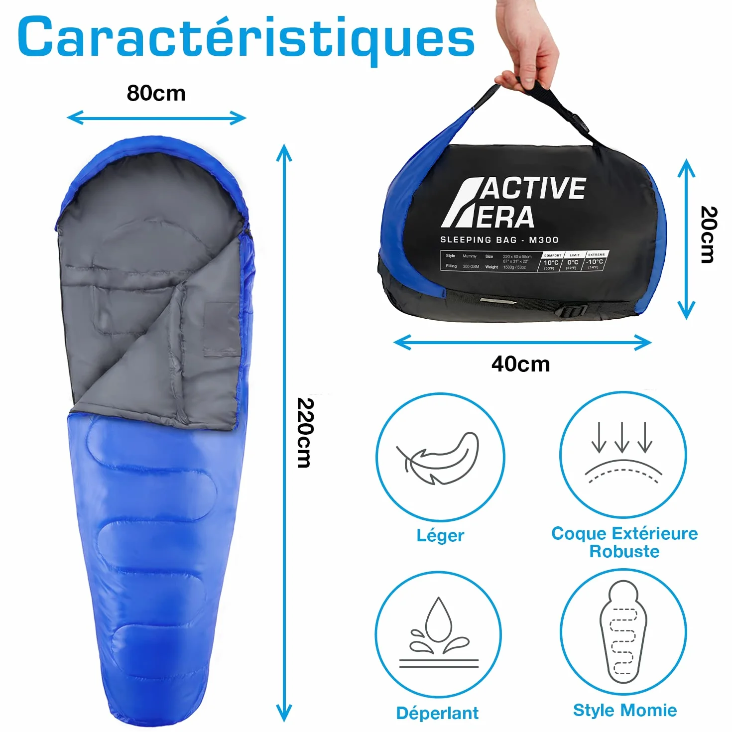 Active Era Sac de Couchage Sarcophage Professionnel 300GSM 3-4 Saisons Température Extrême Duvet Adulte Compact Camping Randonnée