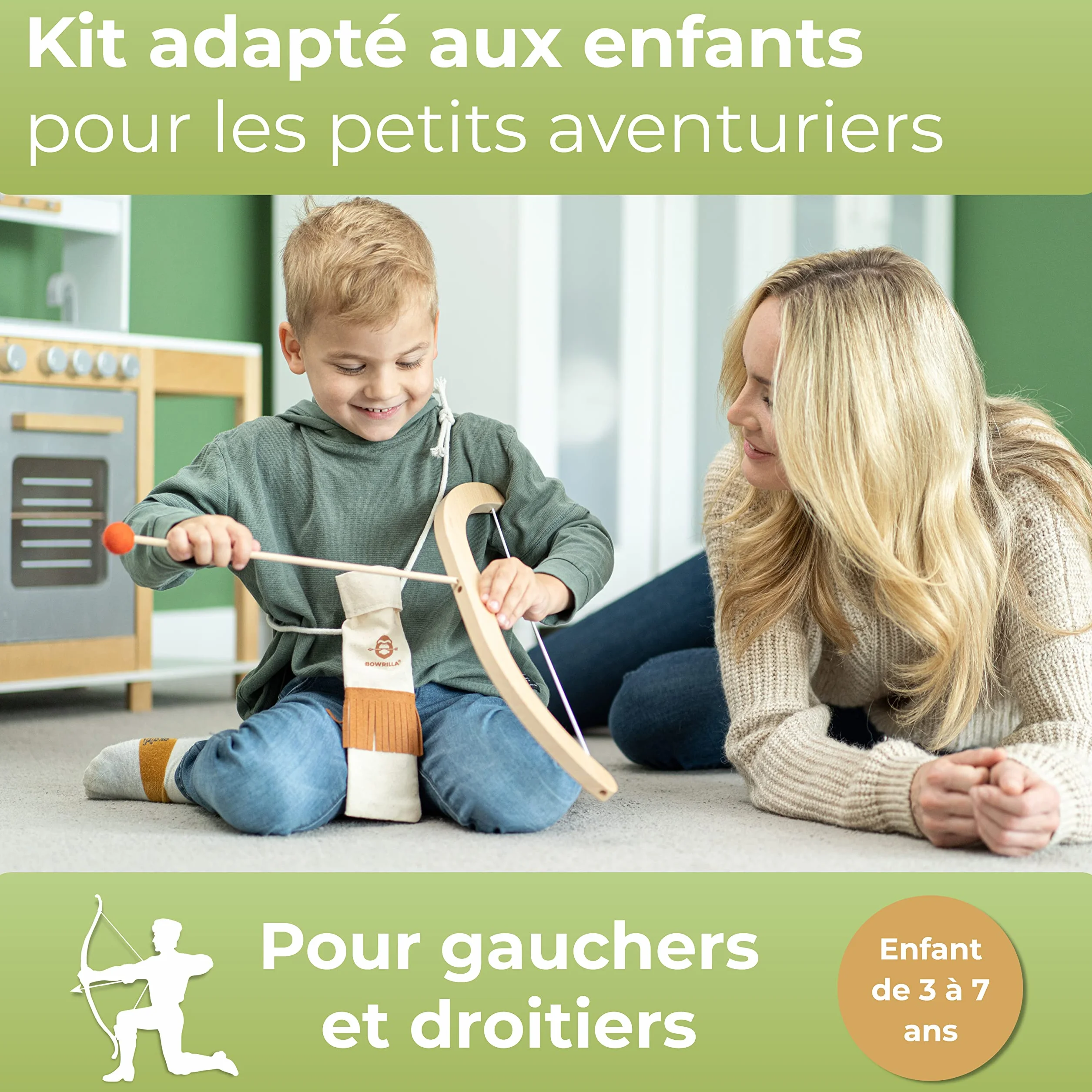 BOWRILLA® Arc et Flèches Enfant en Bois avec 5 Flèches, 4 Cibles et 1 Carquois | 3 LB Tir à l'arc pour Enfant