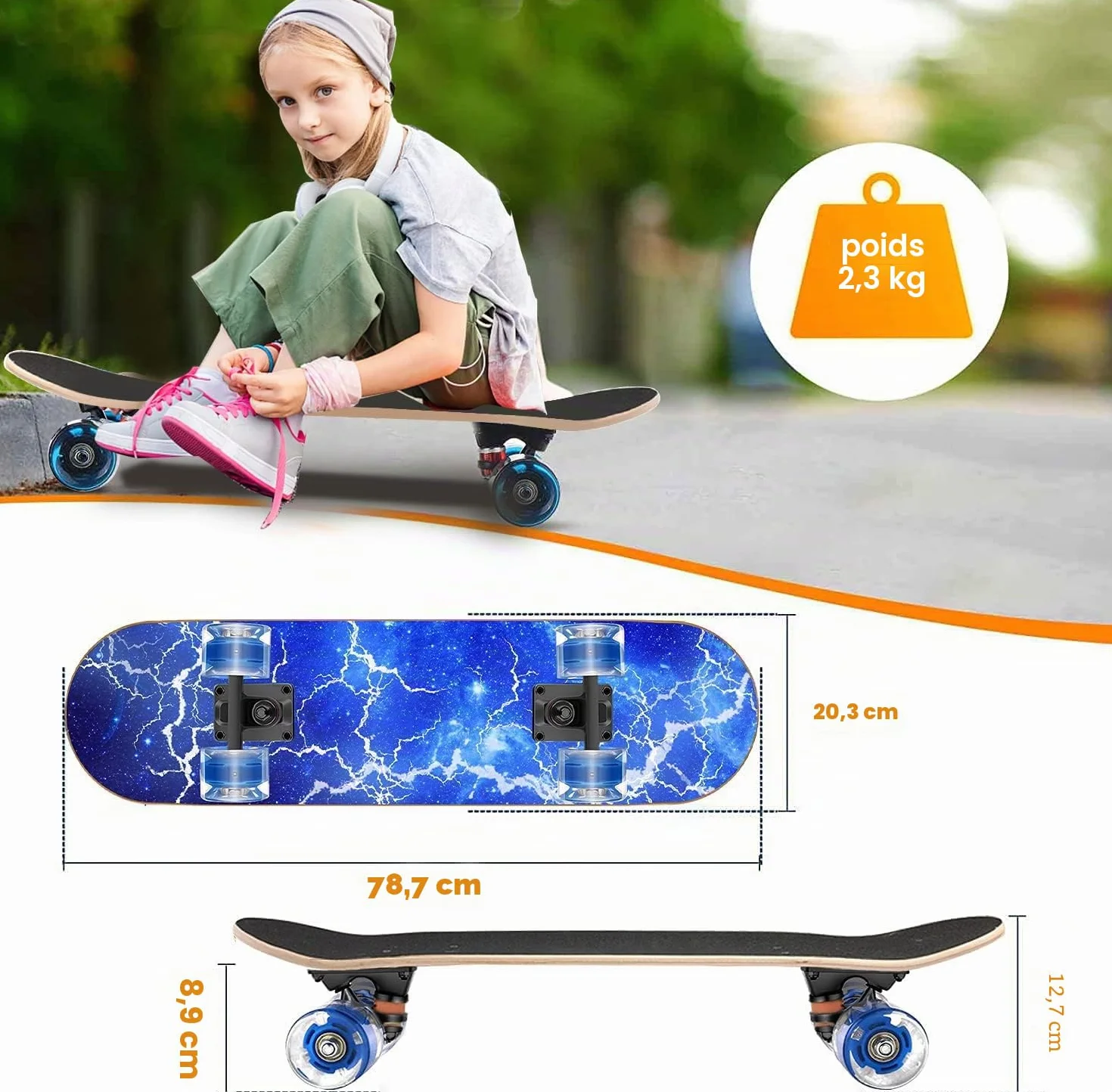 Planche à roulettes standard 9 couches érable canadien concave avec roues clignotantes colorées