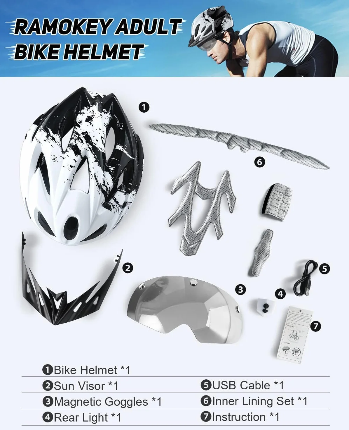 Casque de vélo urbain lumineux adulte visière magnétique amovible 18 canaux ventilation 57-62 cm