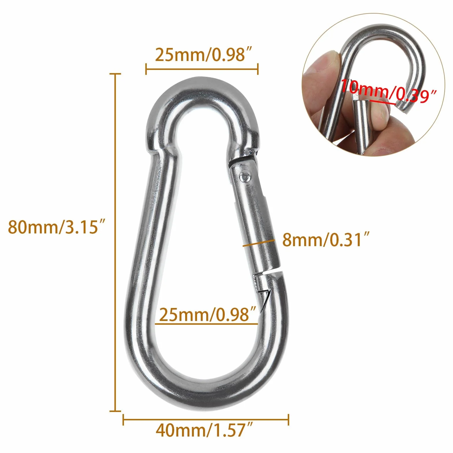 Mousqueton en Acier Inoxydable 304 80mm 500kg Crochet Mousquetons Hamac Balancoire
