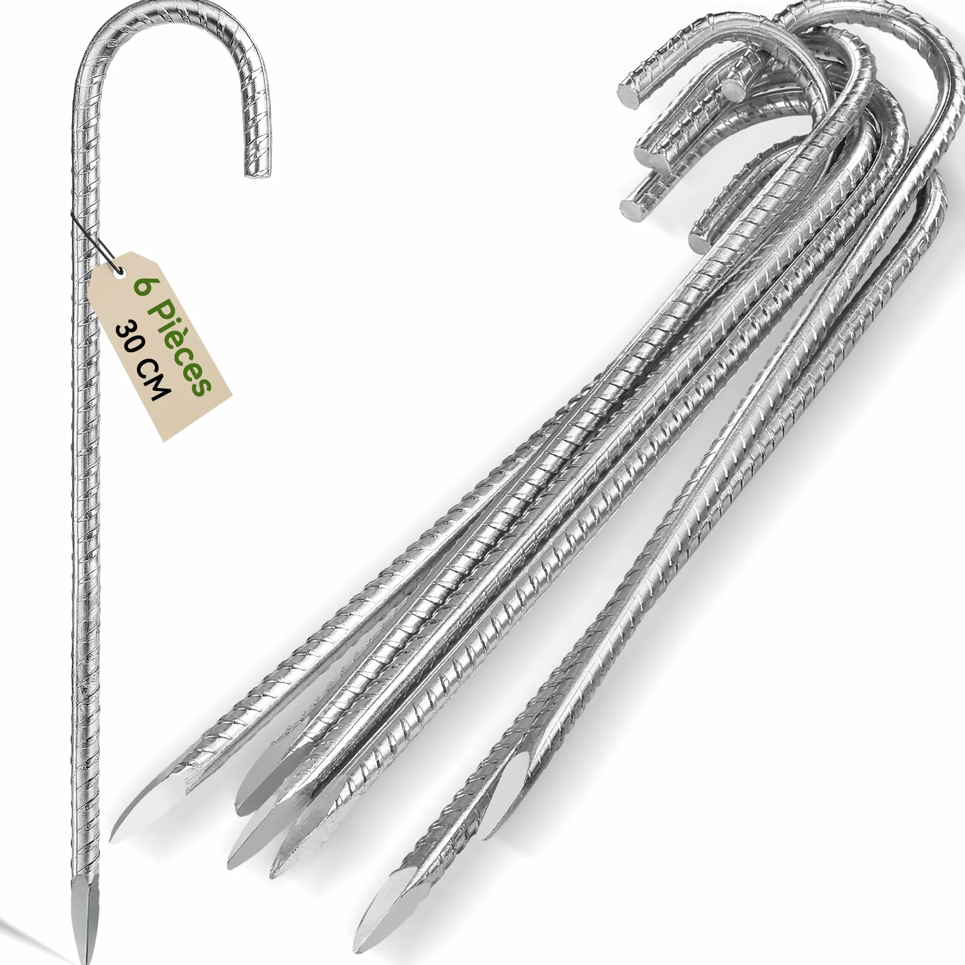 Piquets d'ancrage en Acier Galvanisé 30cm 6Pcs avec Crochets en J pour Tente Trampoline