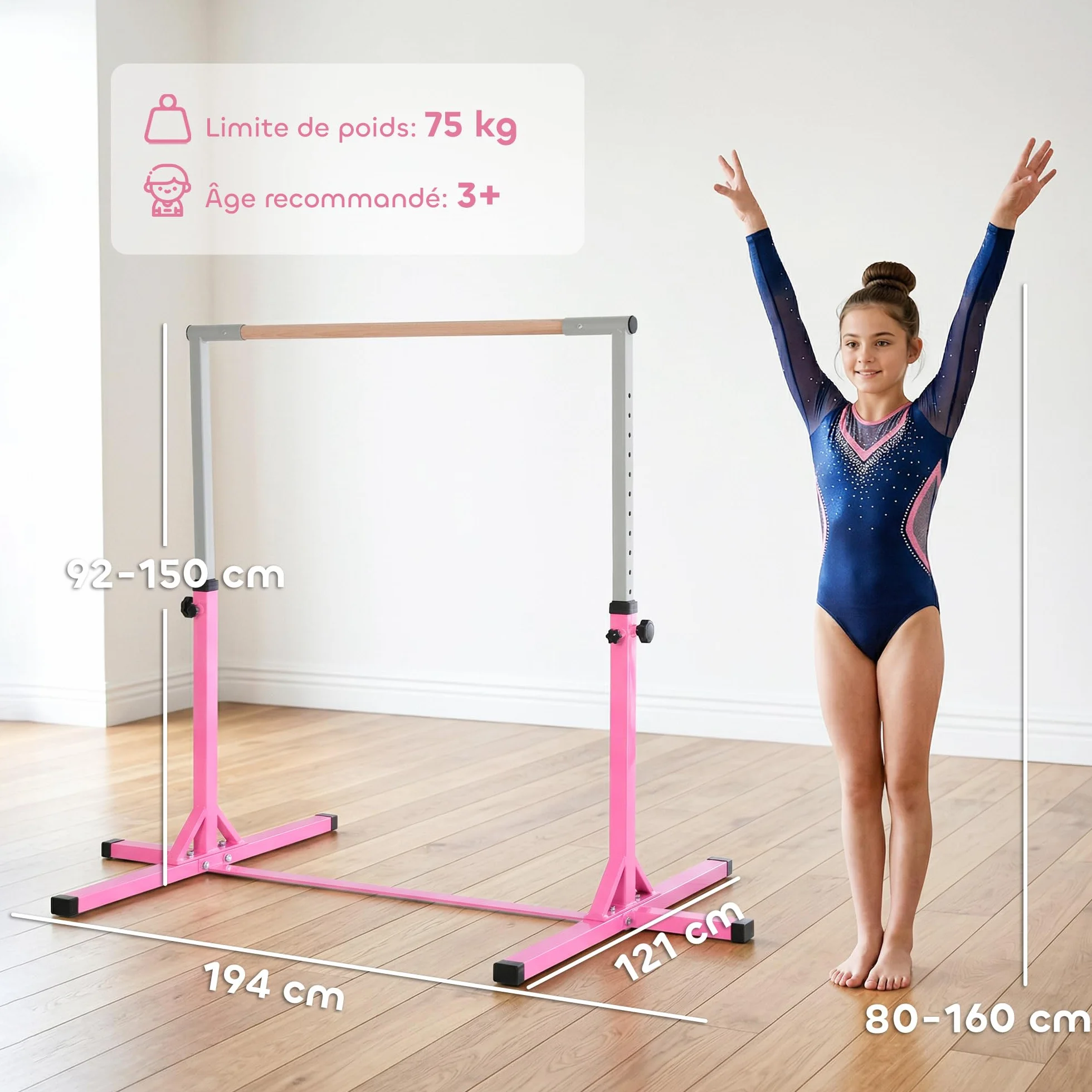 HOMCOM Barre Fixe de Gymnastique Enfant Hauteur Réglable 13 Niveaux 92-150 cm Acier Bois de Hêtre Antidérapant