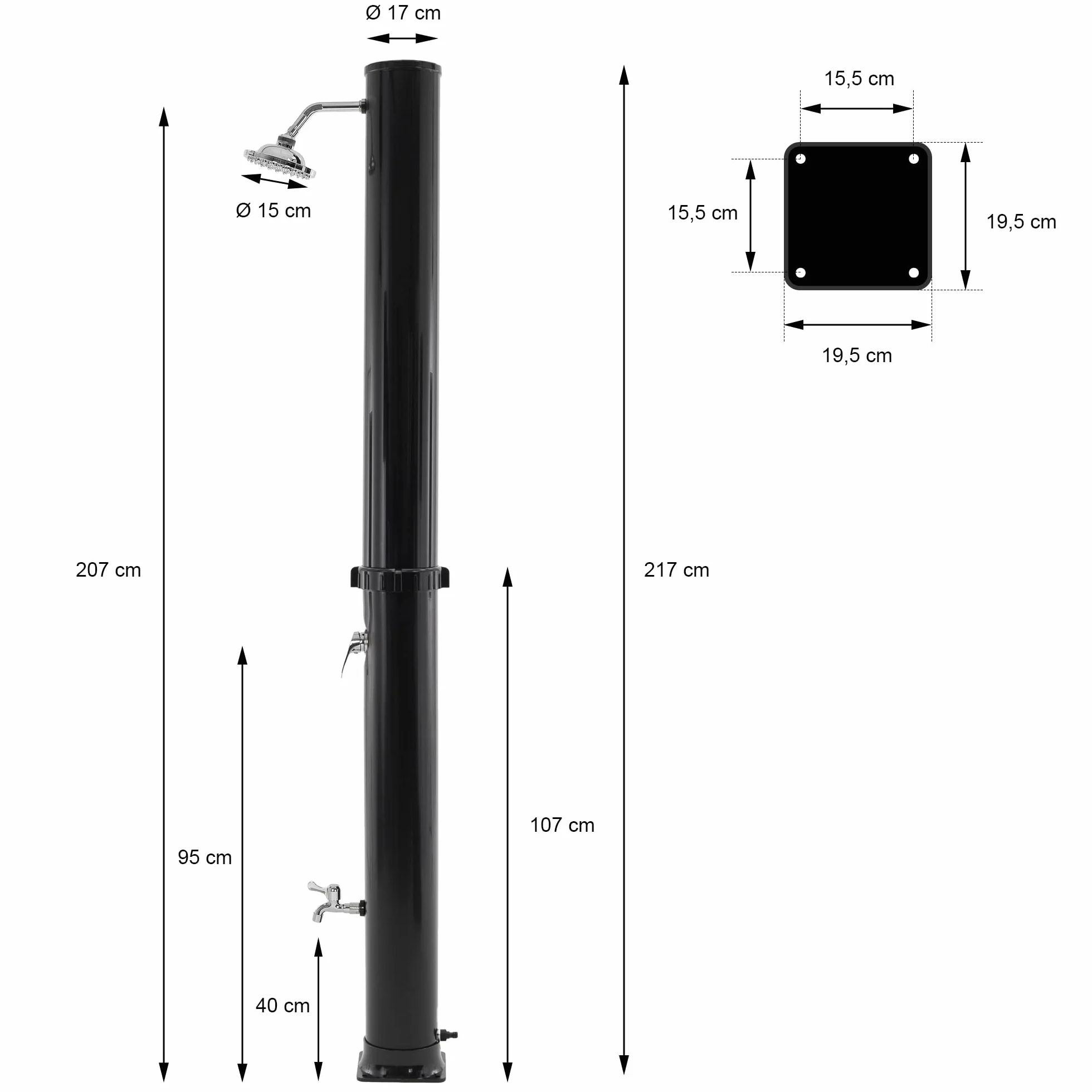 Douche de Jardin Solaire 35 L 217 cm ML-Design Noir avec Pomme de Douche à Effet Pluie Pivotante 180°