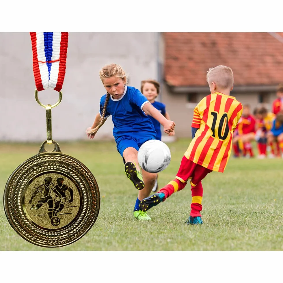Médailles de Football dorées en métal Lot de 10 avec Ruban Bleu-Blanc-Rouge pour Enfants Clubs Tournois