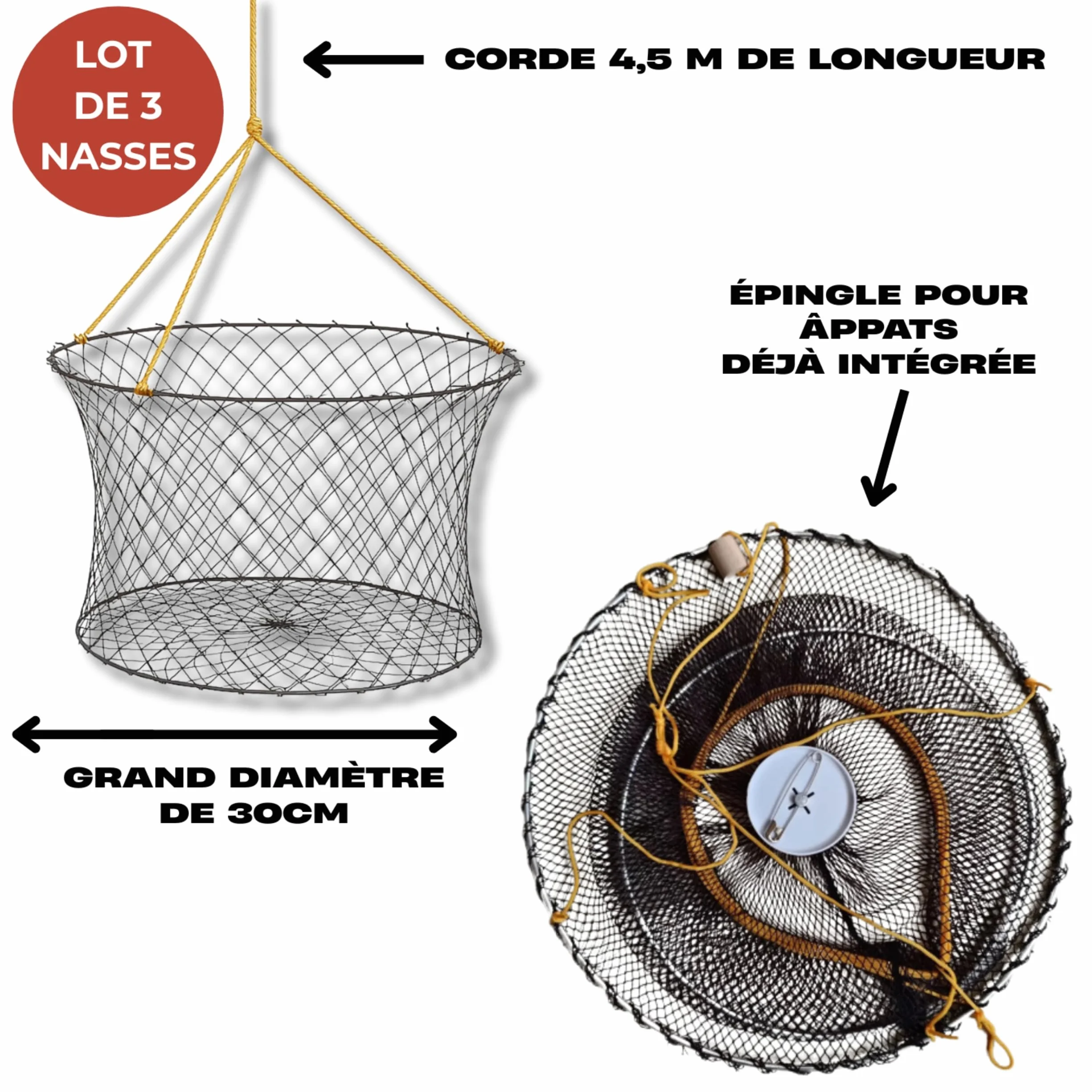 Nasses À Écrevisses Lot De 3 Grand Diamètre Corde 4,5m Épingle À Appât Filets Capture Écrevisses Crabes Crevettes