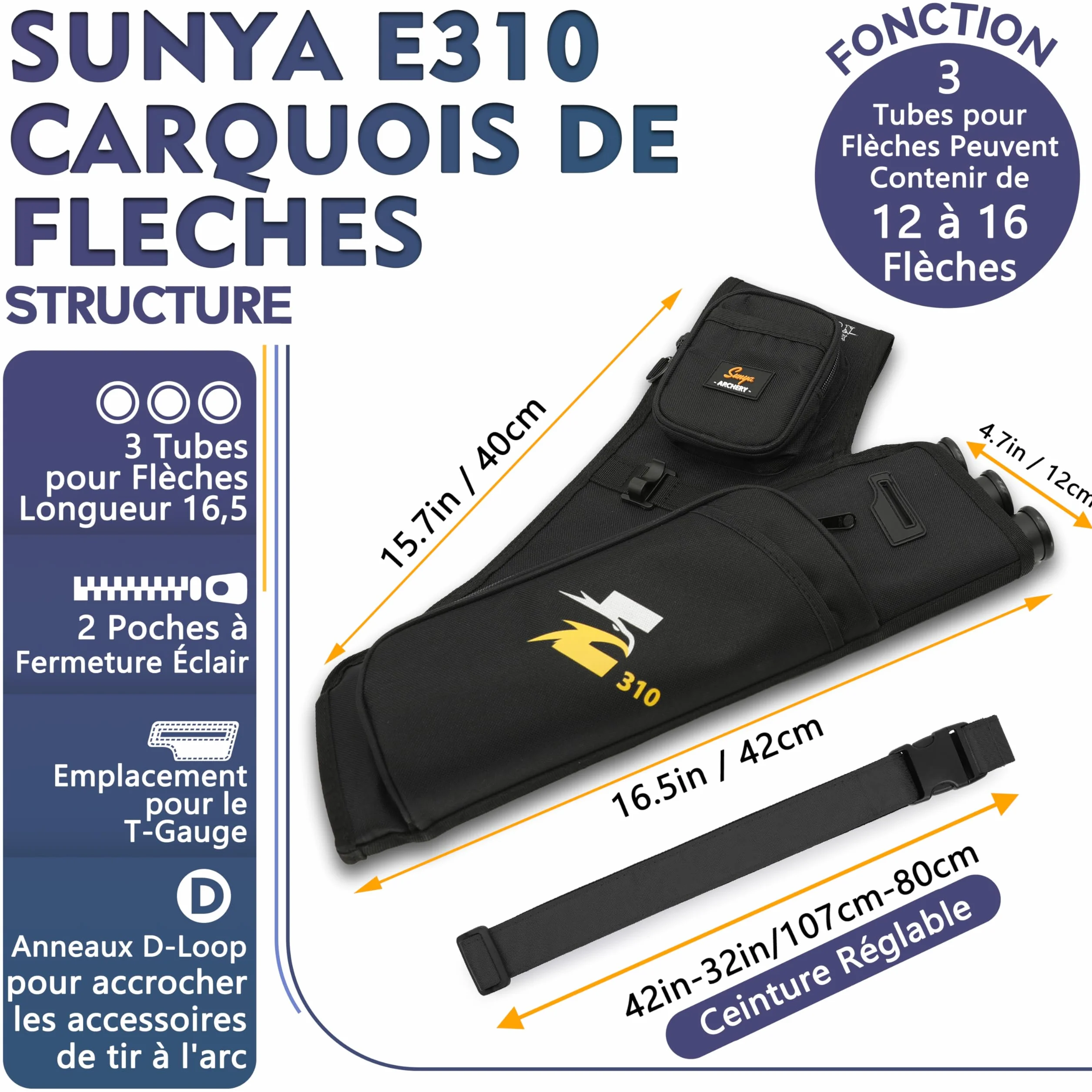 Sunya Carquois de flèche de tir à l'arc avec ceinture en nylon réglable pour arc à poulies et arc classique