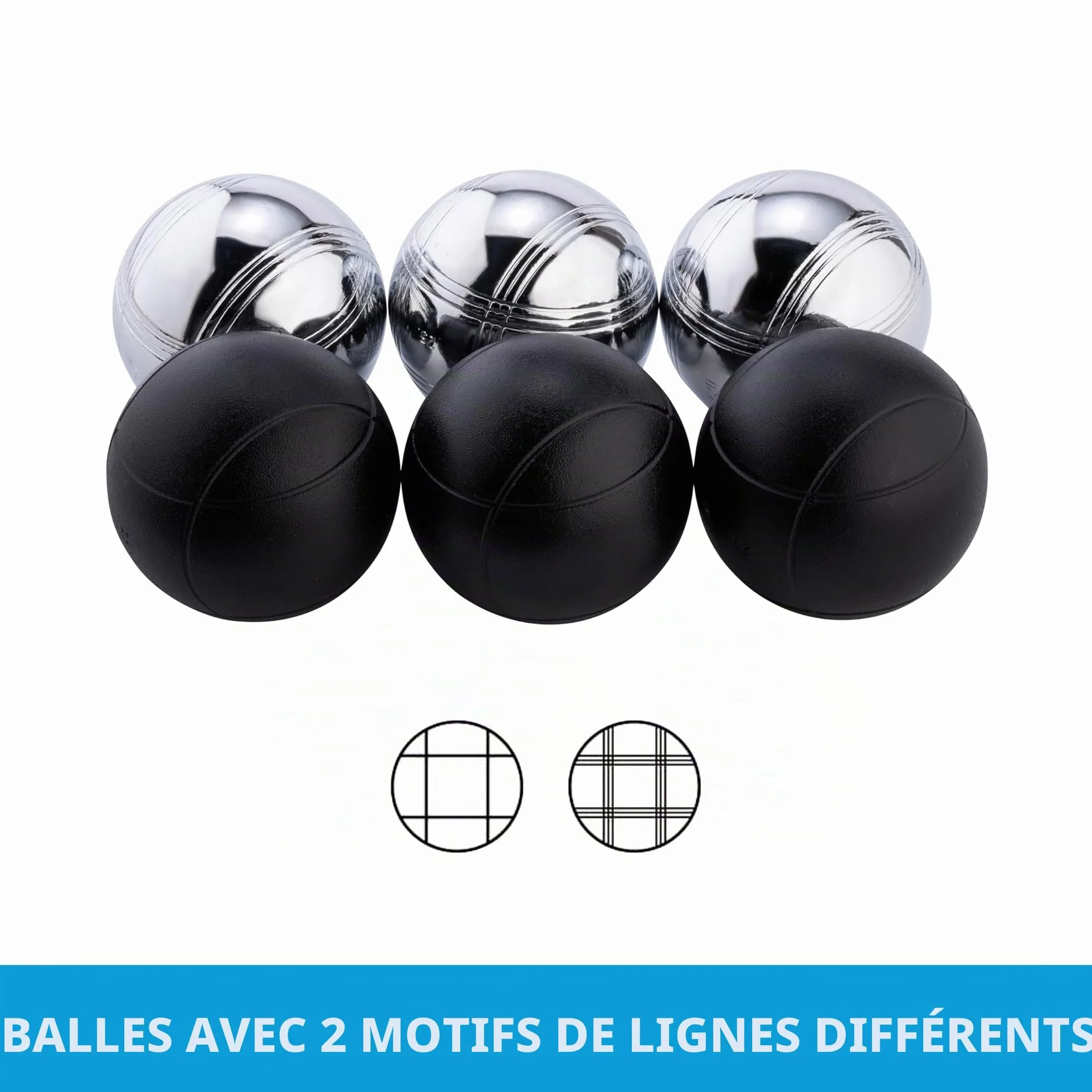 Engelhart Boules de Pétanque 74 mm 720 g 6 Boules Métal Noires et Chromées avec Sac Nylon Cochonnet