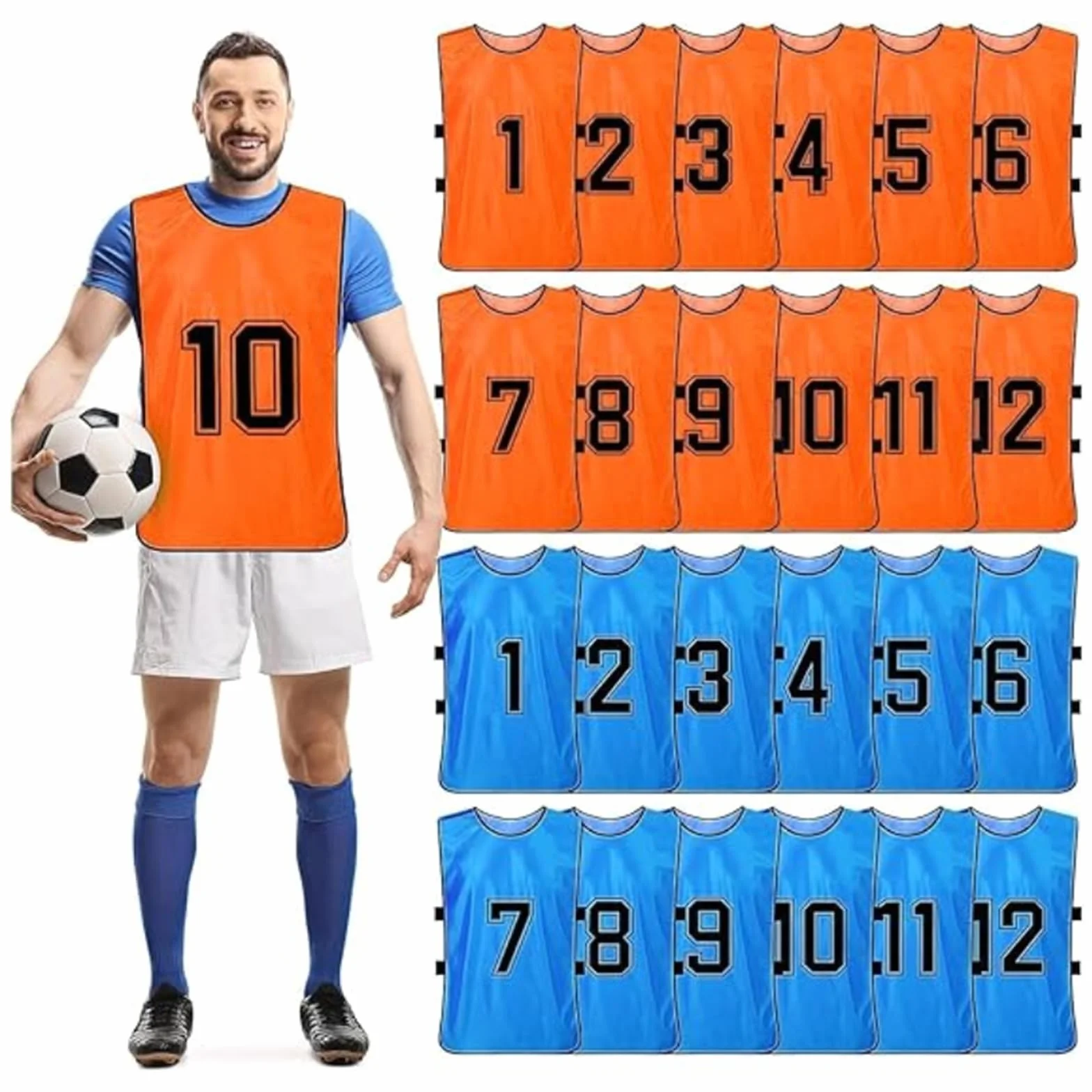Dossards réversibles numérotés football basket-ball 47x70 cm bleu orange lot 24