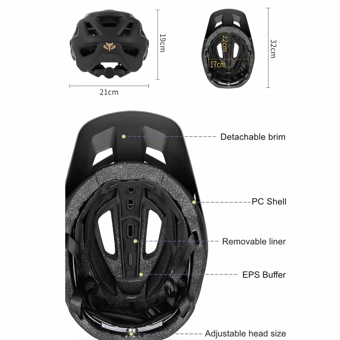 Casque de vélo Taille réglable 56-62cm Hommes Femmes Adultes VTT avec visière Amovible
