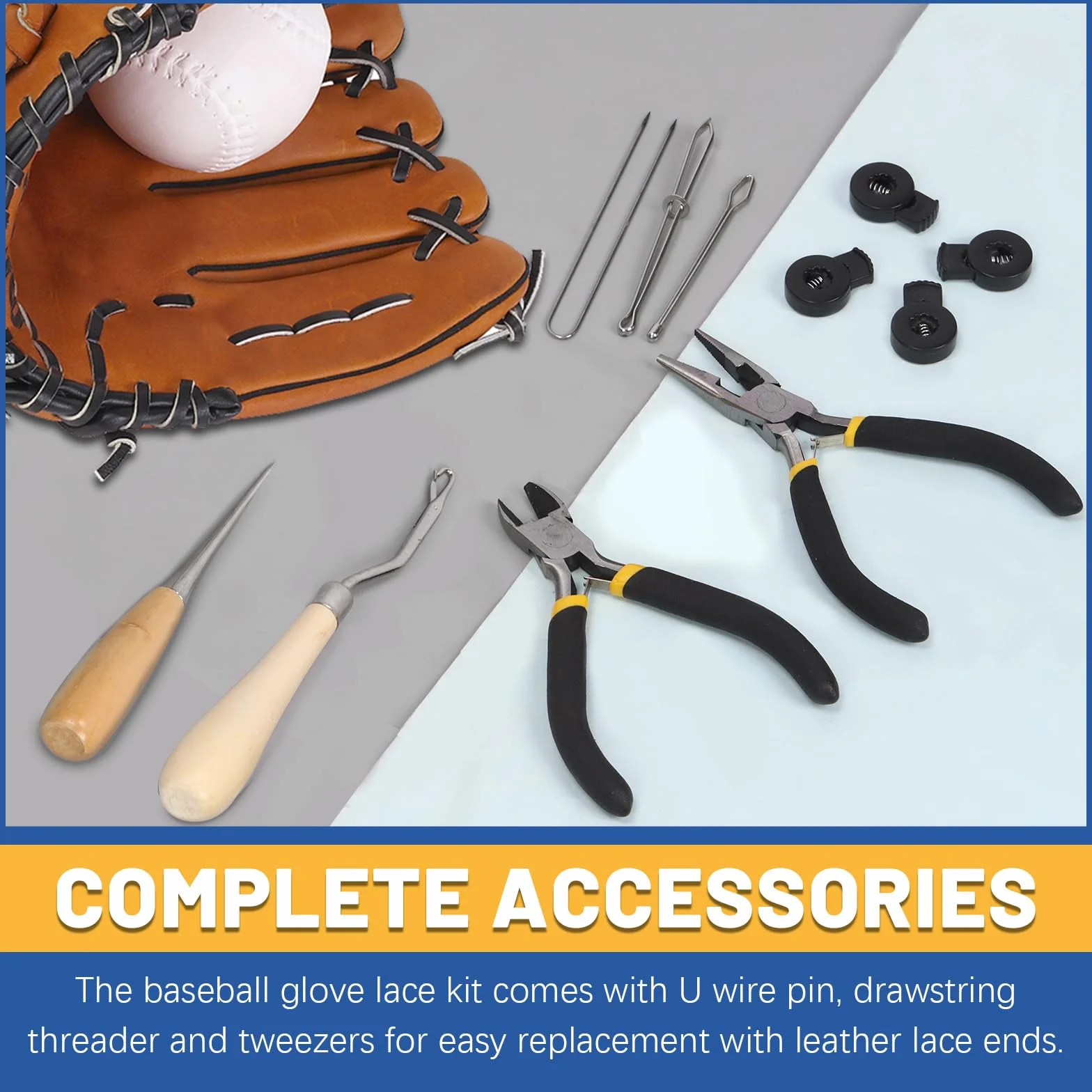 Kit d'entretien de gants de baseball GLARKS avec lacets en cuir 200 cm, verrous, outils de laçage et pinces