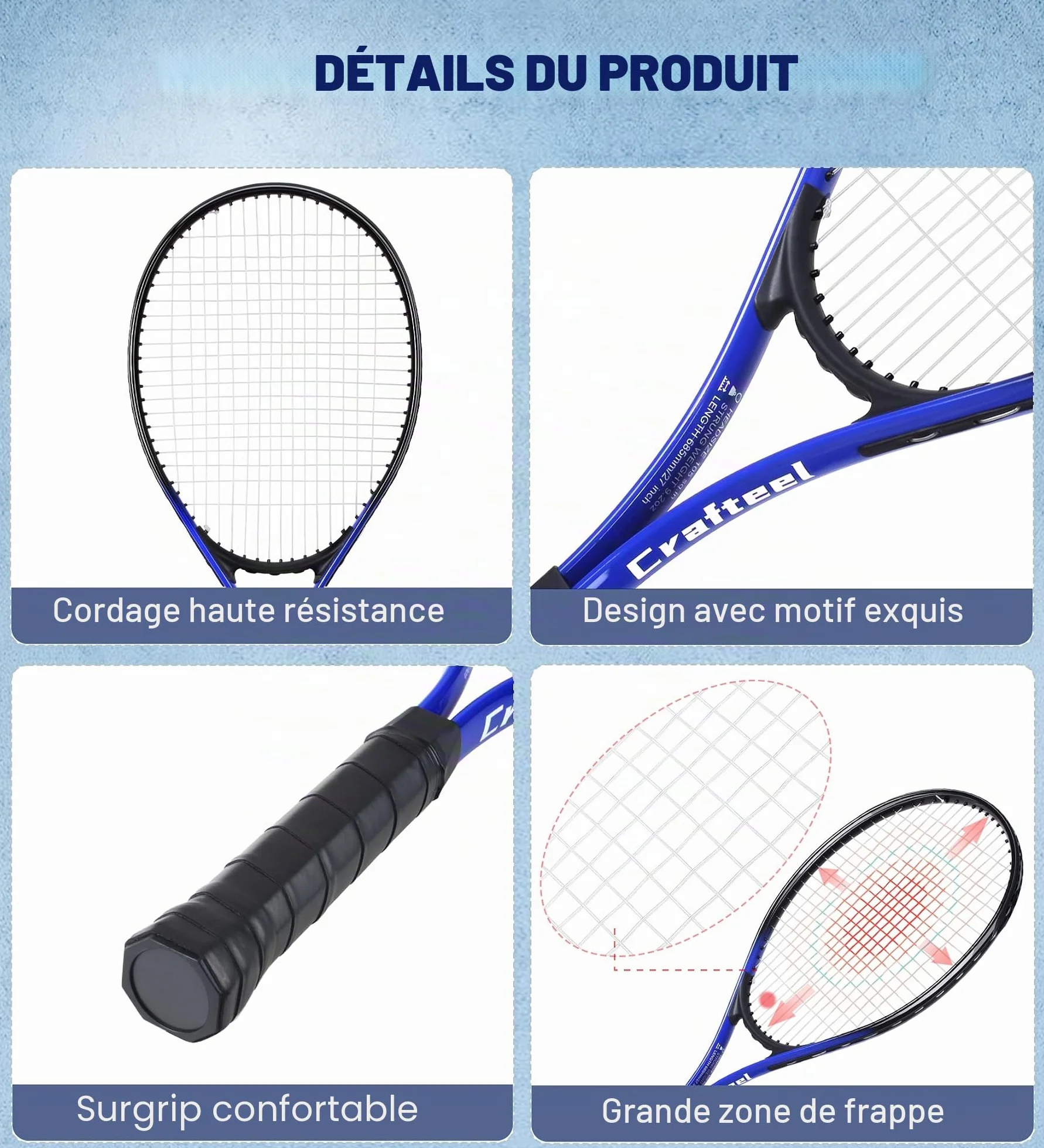 Lot de 2 raquettes de tennis 68,6 cm pour débutants