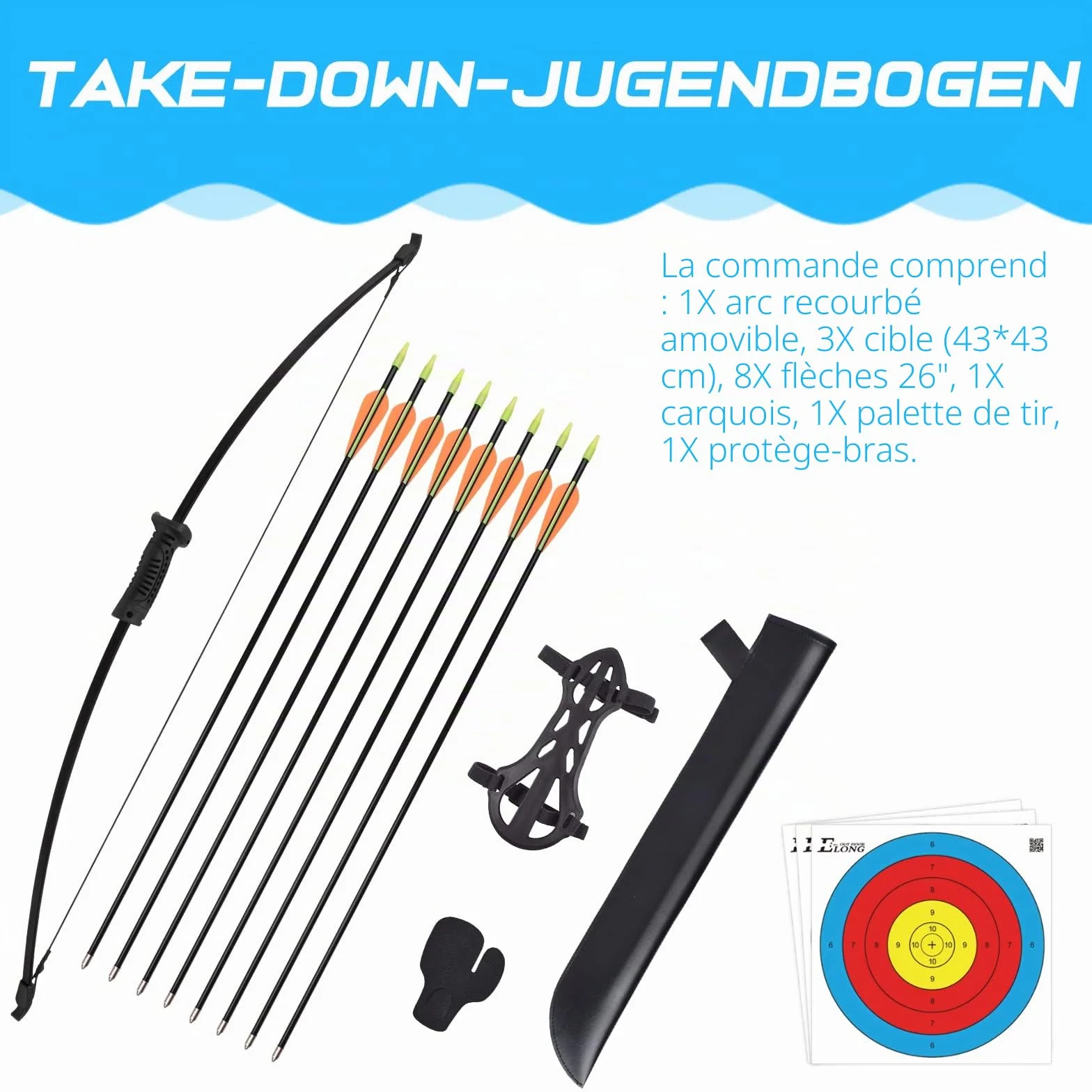 Elong Recurve Arc et Flèche Set Tir à l'arc Débutant avec 8 Flèches, Protège-bras, Carquois