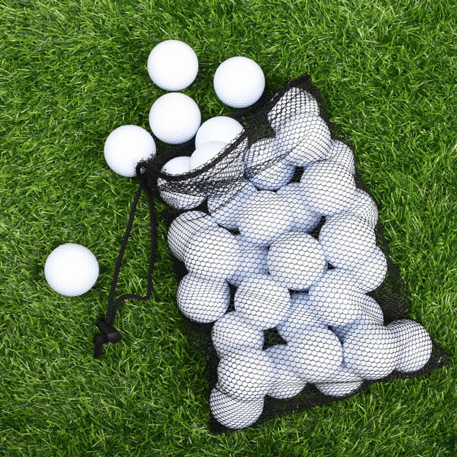 Sac de balle de golf noir en maille nylon solide et légère avec cordon de serrage