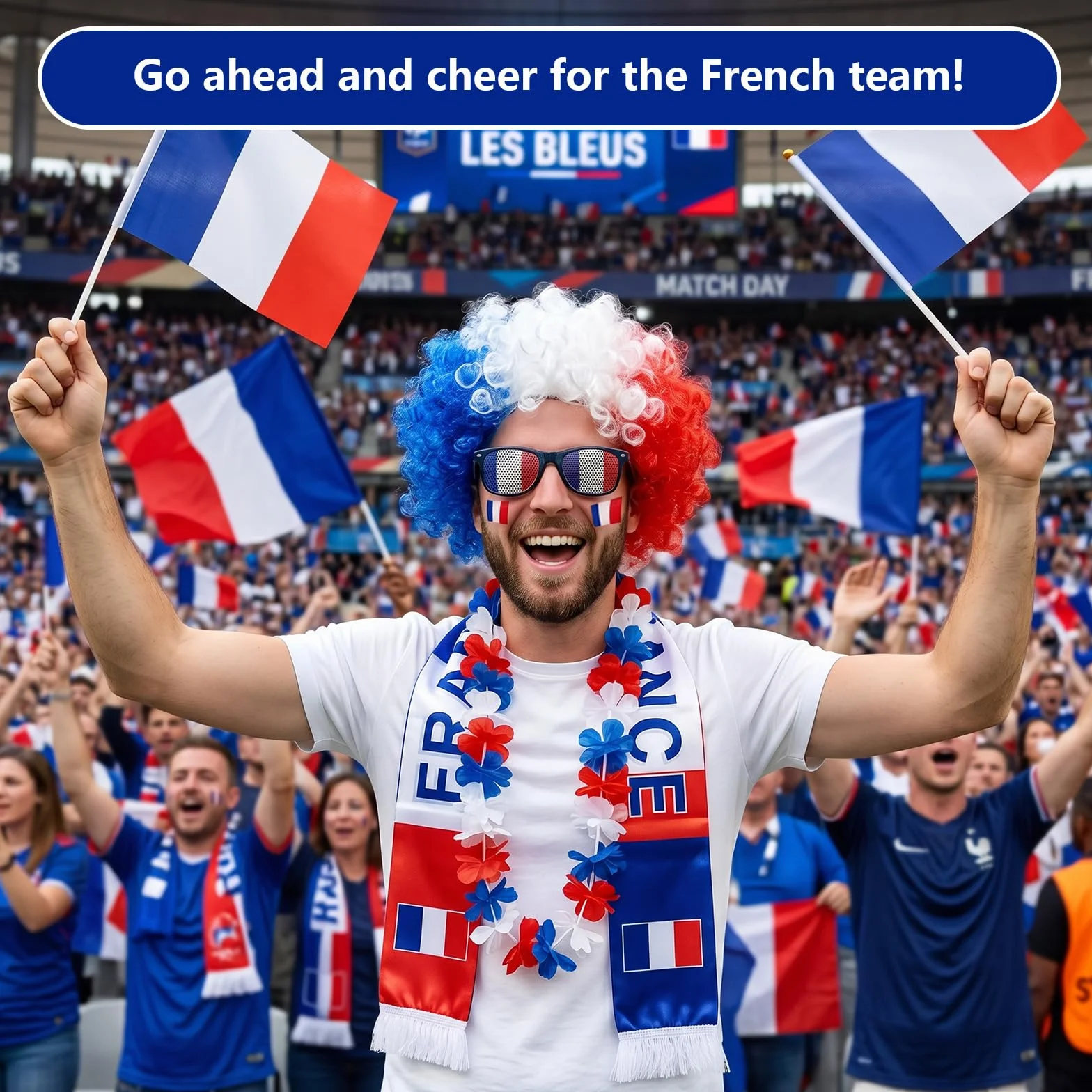 Kit Supporter France Coupe du Monde 2026 Football Accessoire Bandeau Écharpe Perruque Tatouages Temporaires Lunettes Collier de Fleurs Drapeau à Main