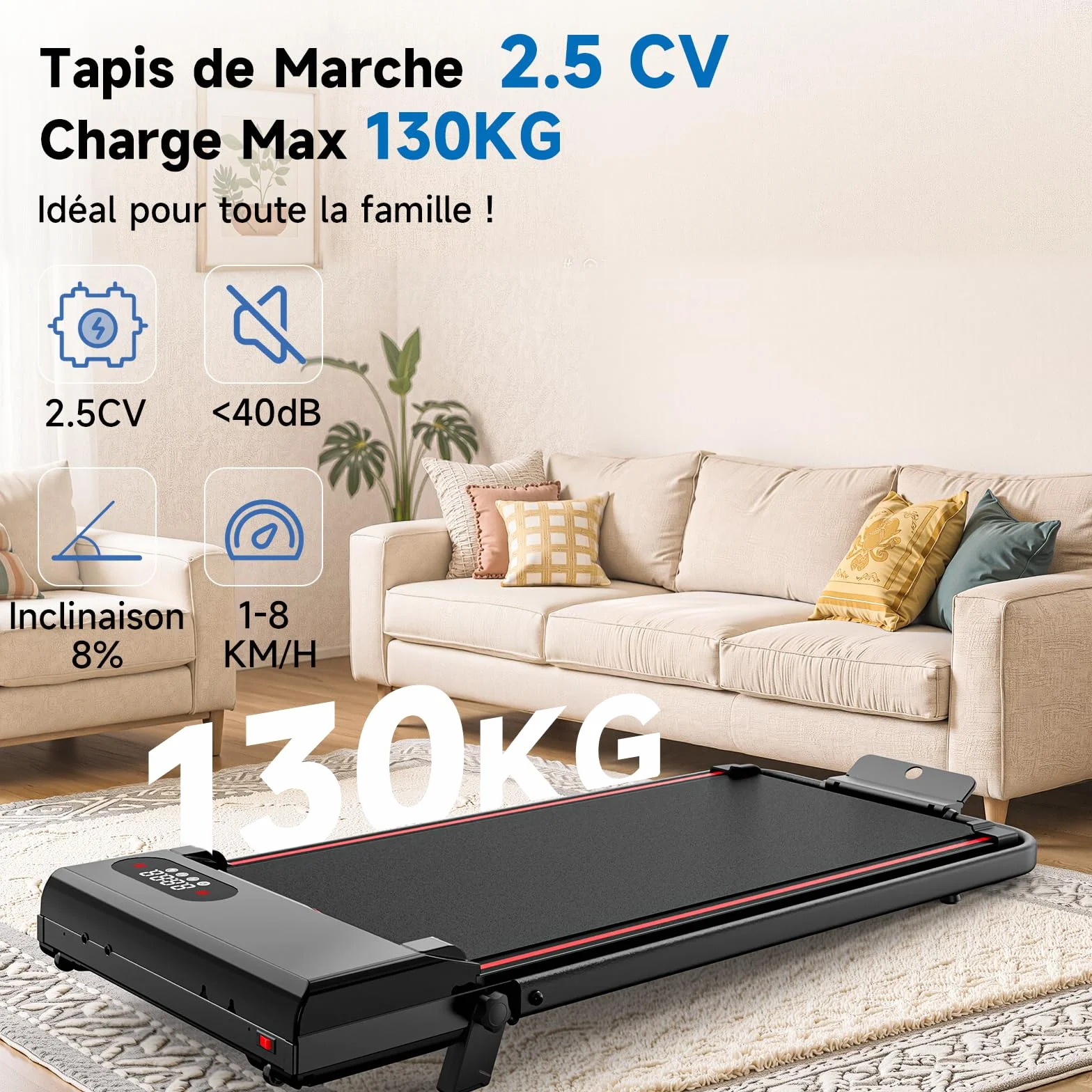Tapis de Course Pliable avec Pente Réglable 7% – Tapis Roulant Électrique Silencieux 8 km/h, Moteur 2,5HP, Surface Large 40cm, Charge 130kg