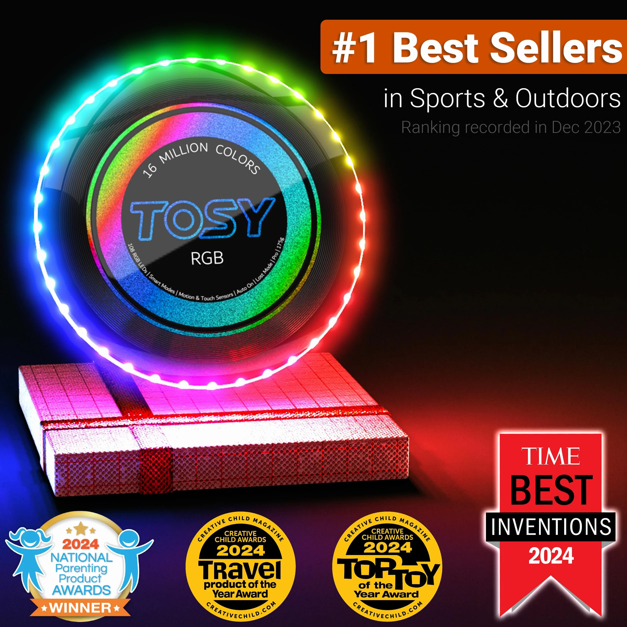 TOSY Frisbee Lumineux RVB 16 Millions Couleurs Rechargeable Auto on/Off 175g
