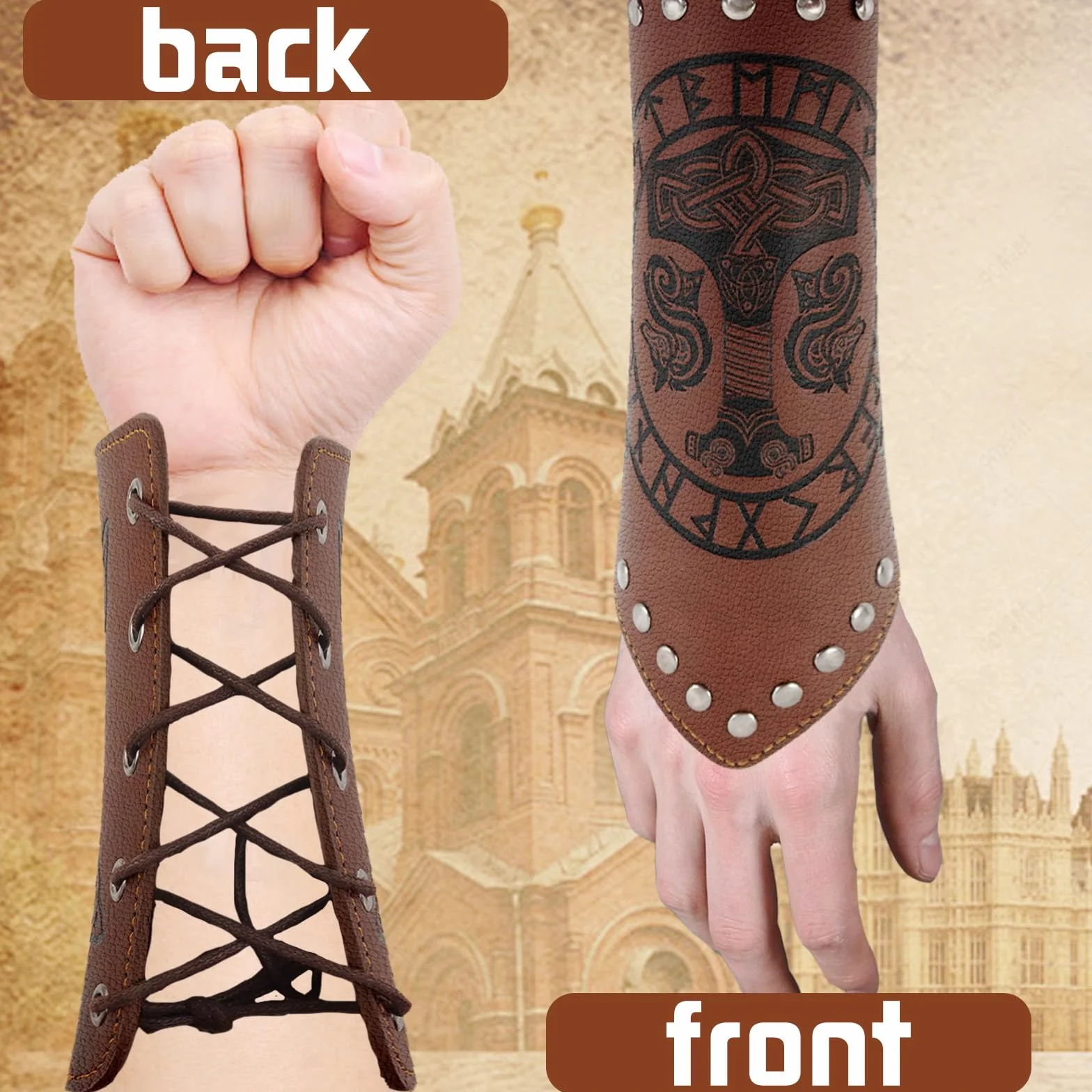 Brassards en Cuir Viking pour Adultes, Protège-bras Médiévaux en Cuir Synthétique Gaufré pour LARP Halloween