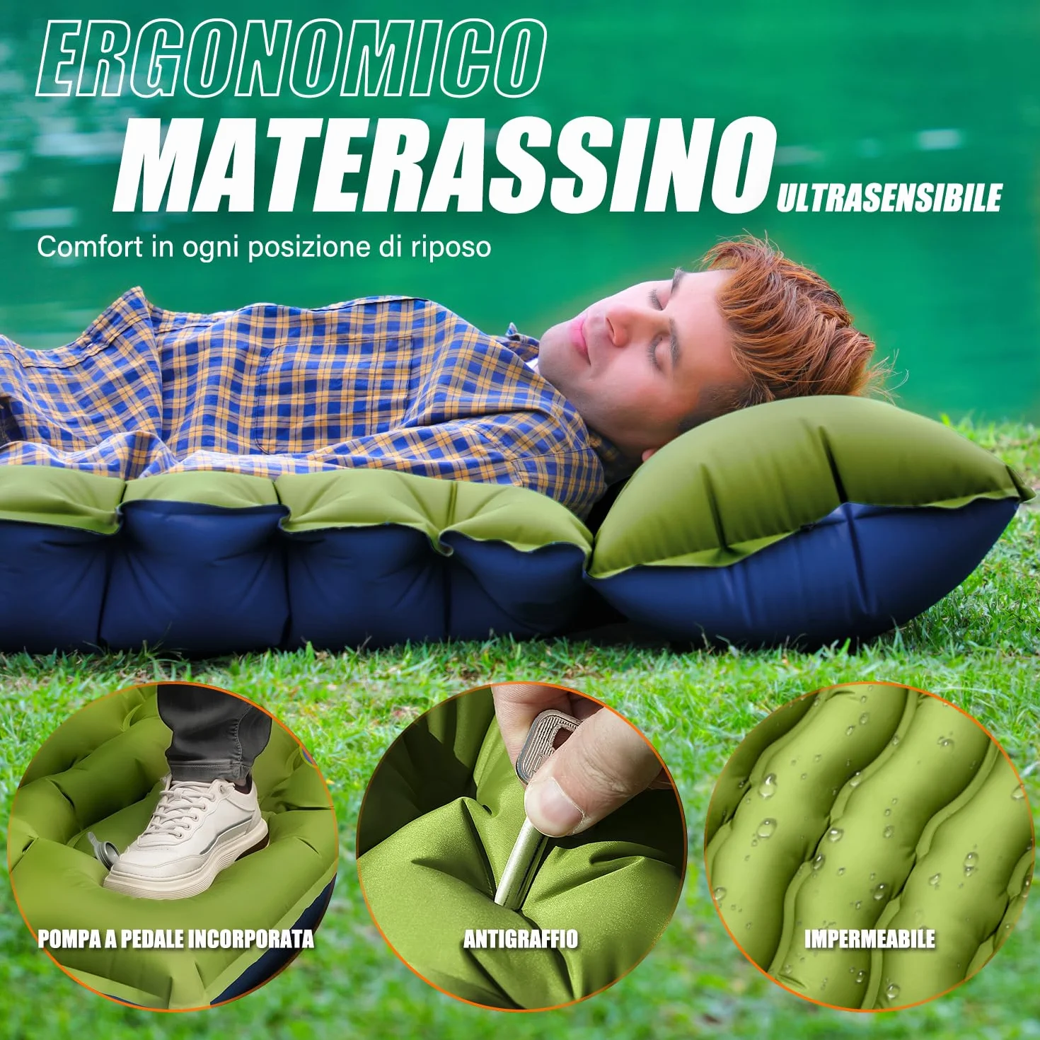 Matelas de Camping autogonflant ultraléger avec Oreiller et Pompe à Pied intégrée Portable Compact pour Trekking