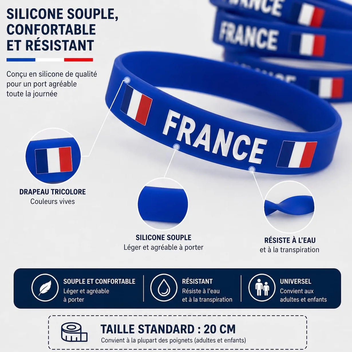 Bracelet Silicone Bleu Drapeau Français Lot de 5 – Supporter Coupe du Monde Football 14 Juillet