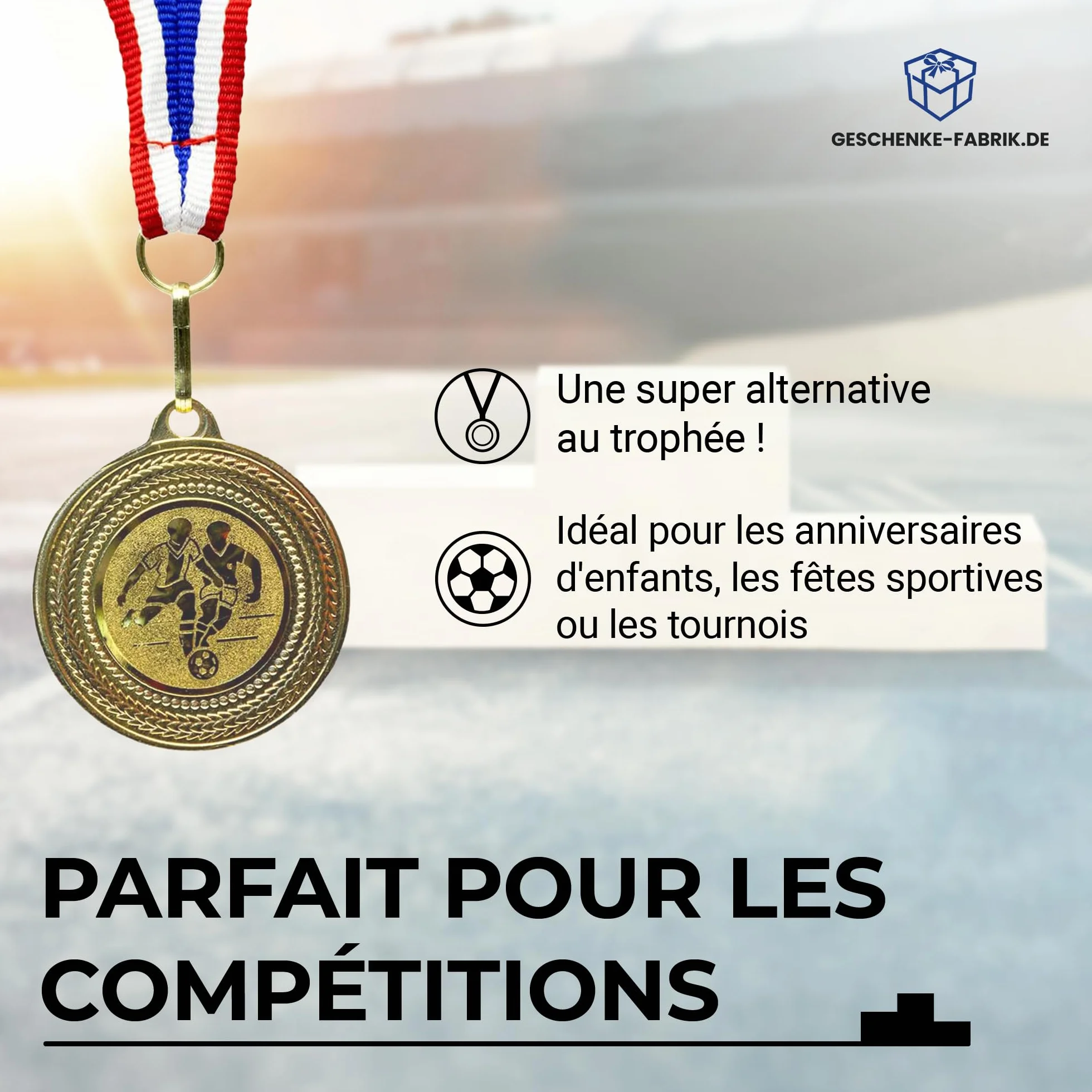 Médailles de Football dorées en métal Lot de 10 avec Ruban Bleu-Blanc-Rouge pour Enfants Clubs Tournois
