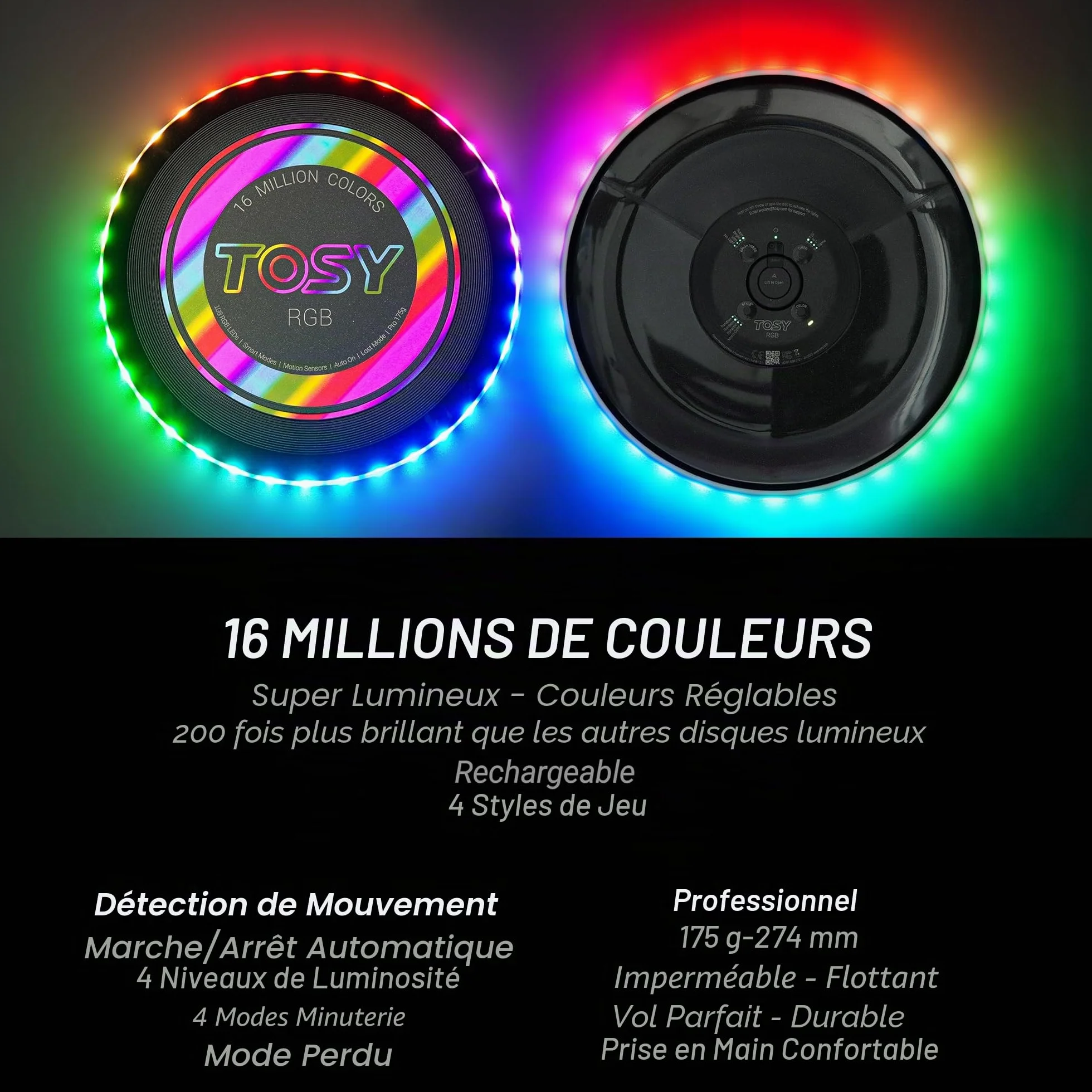 TOSY Disque Volant 36 LED RVB 16 Millions Couleurs Rechargeable Frisbee 175g Cadeau Noël
