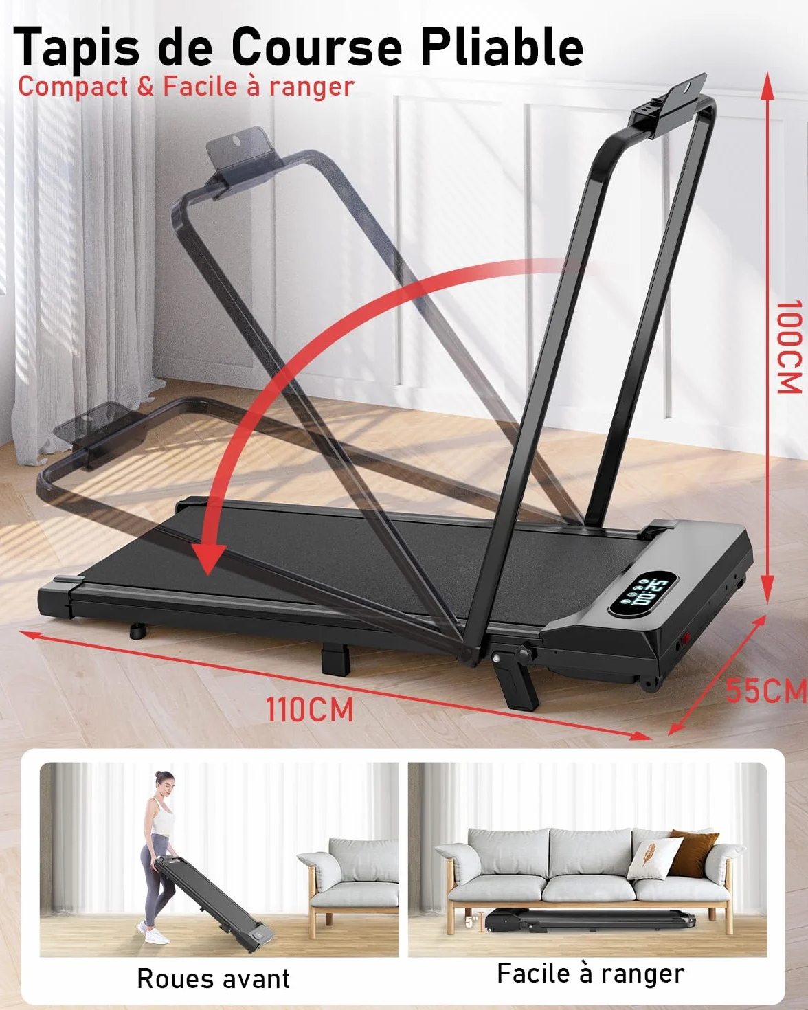 Tapis de Course Pliable avec Pente Réglable 7% – Tapis Roulant Électrique Silencieux 8 km/h, Moteur 2,5HP, Surface Large 40cm, Charge 130kg