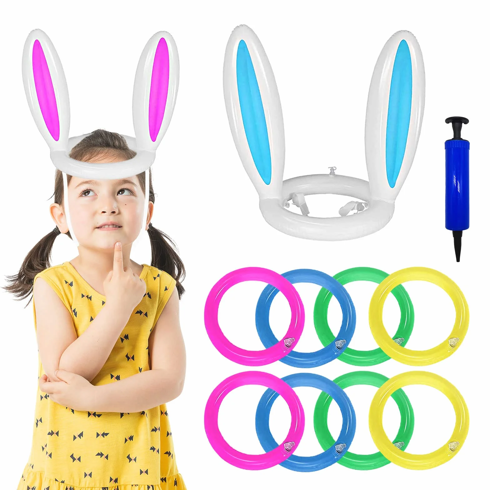 Lot de 2 Jeux de Lancer d'Anneaux Gonflables Oreilles de Lapin 8 Anneaux 1 Pompe Fête Enfants Famille