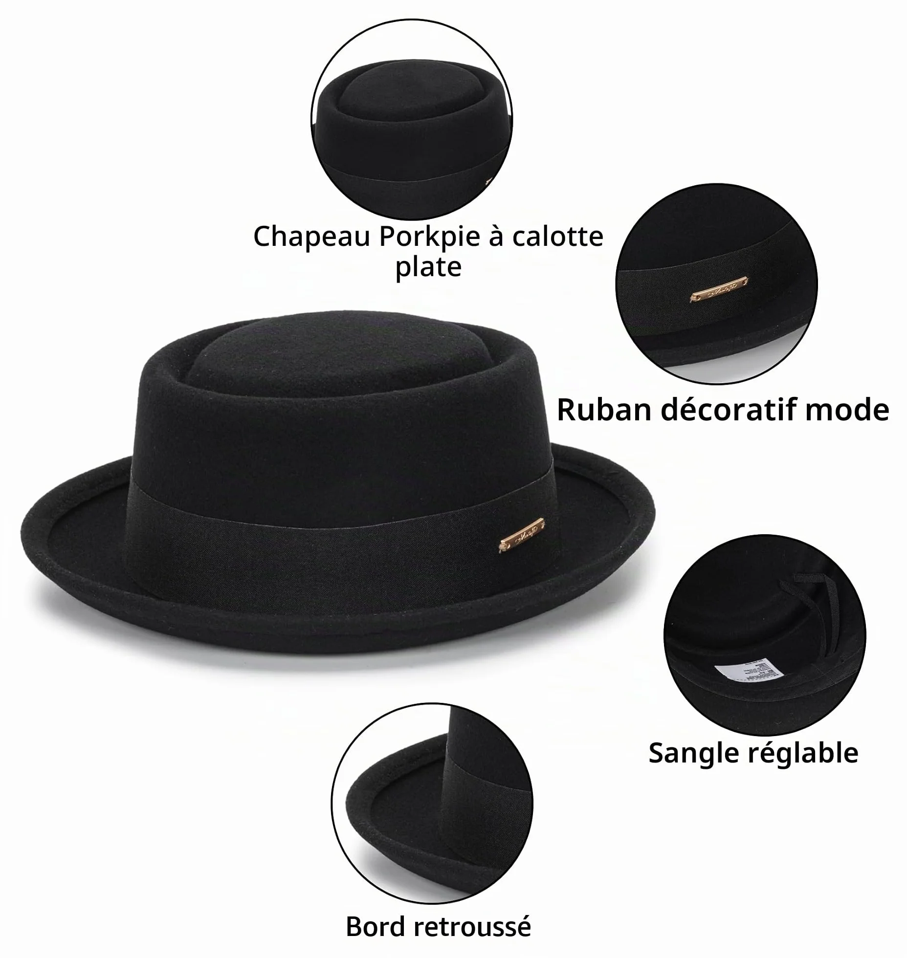 Chapeau Fedora classique des années 1920 en pure laine - Chapeau d'église à bord court écrasable