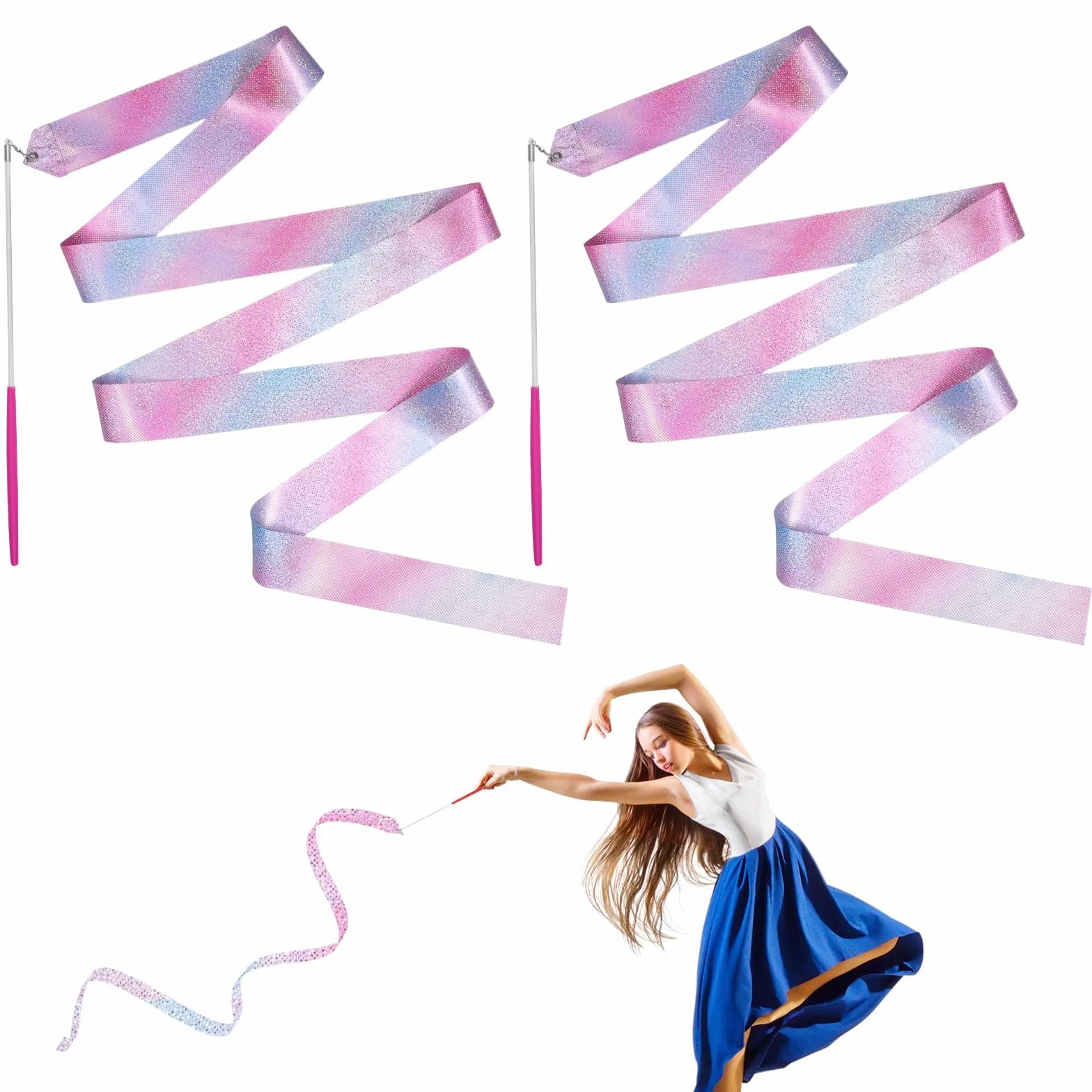 Ruban de Gymnastique 4m Scintillant avec Bâton Rotatif pour Danse Rythmique