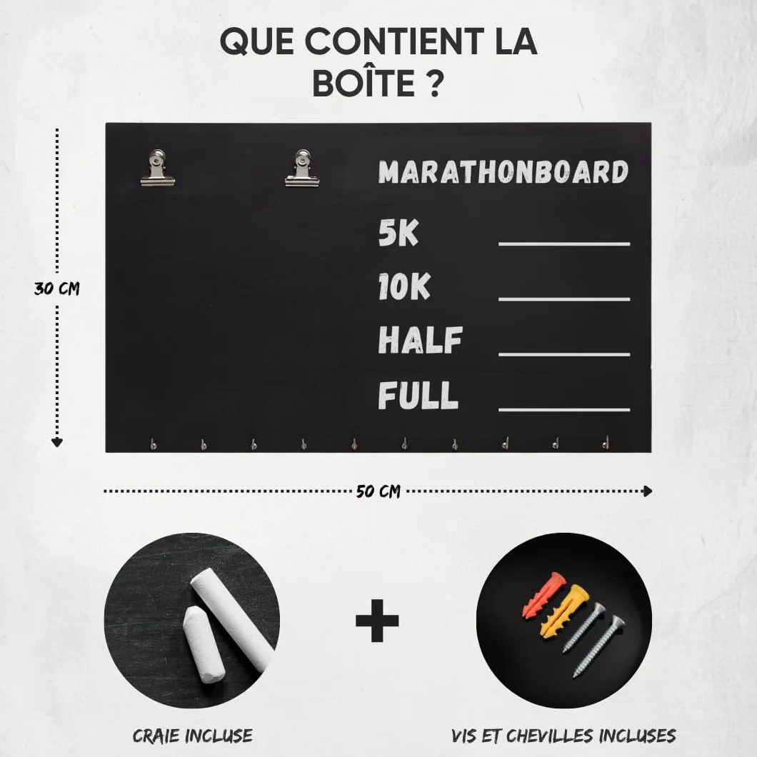 Présentoir pour Médailles de Coureur, Porte-Médailles pour Course à Pied et Marathon – Kit de Montage et Craie Inclus
