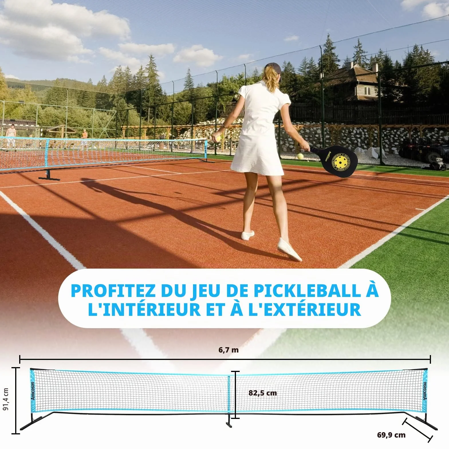 Amicoson Filet de Pickleball Set 22FT en bois pour extérieur avec 4 raquettes, 8 balles, sac de transport