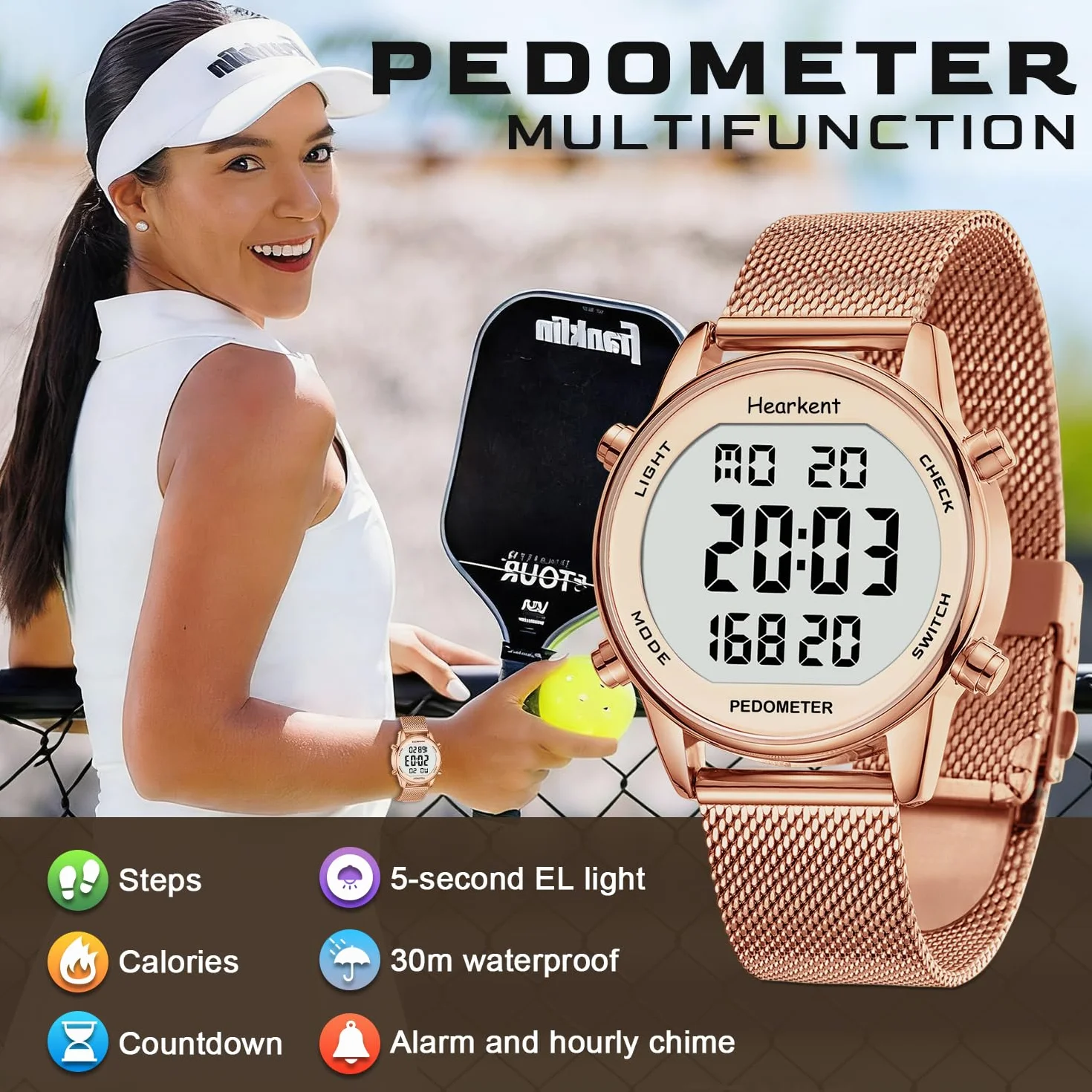 Hearkent Montre podomètre femme compteur calories étanche 30 m écran LCD marche activités quotidiennes