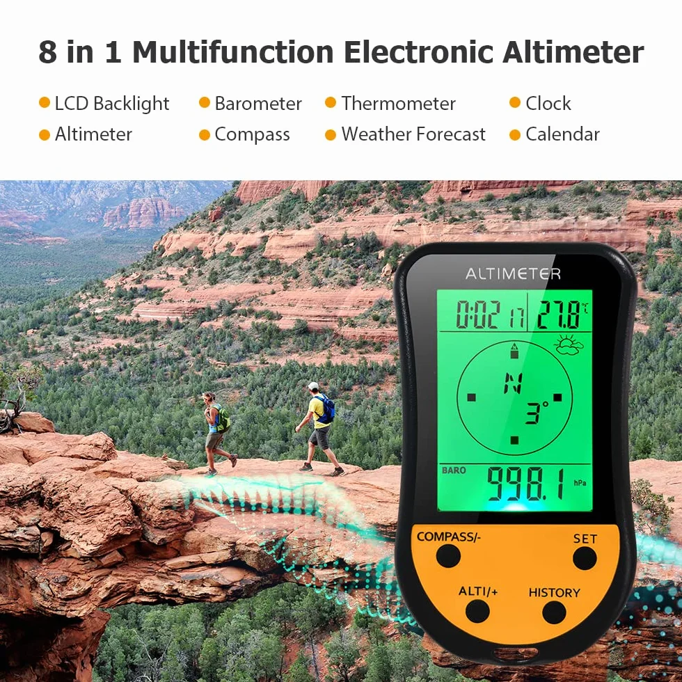 Altimètre numérique électronique 8 en 1 multifonction LCD rétroéclairage baromètre boussole thermomètre prévisions météo horloge calendrier extérieur escalade randonnée pêche