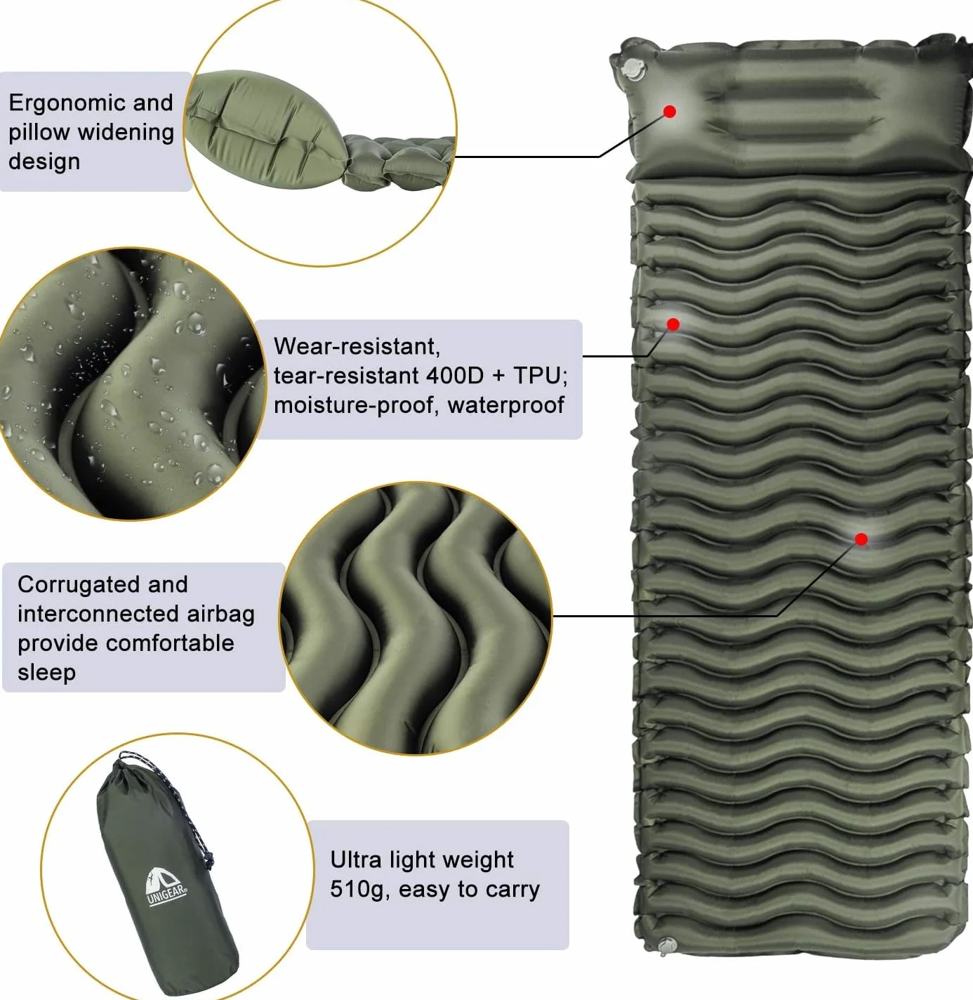 Unigear Matelas de Camping Gonflable Ultraléger Résistant à l'eau