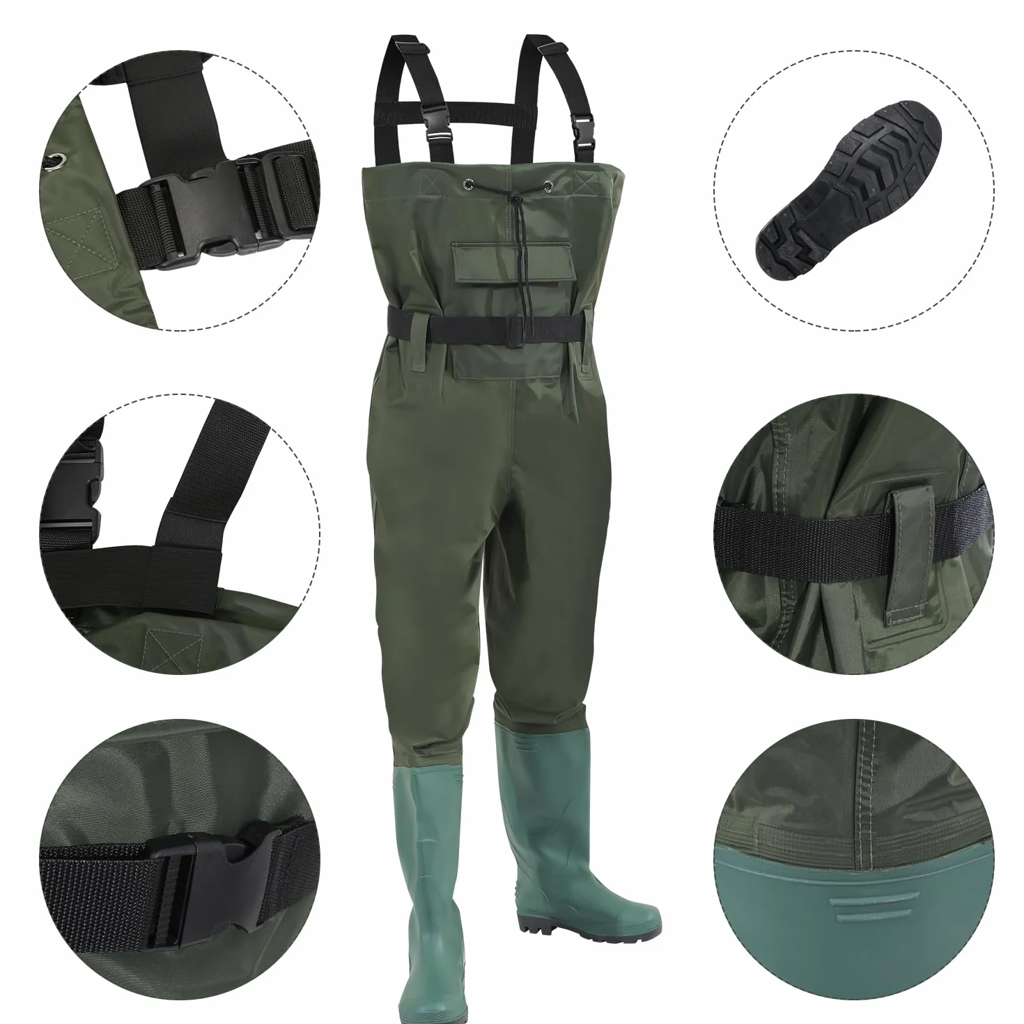 Waders étanches 70D Nylon Composite PVC Pantalon de pêche avec Bottes Caoutchouc antidérapantes