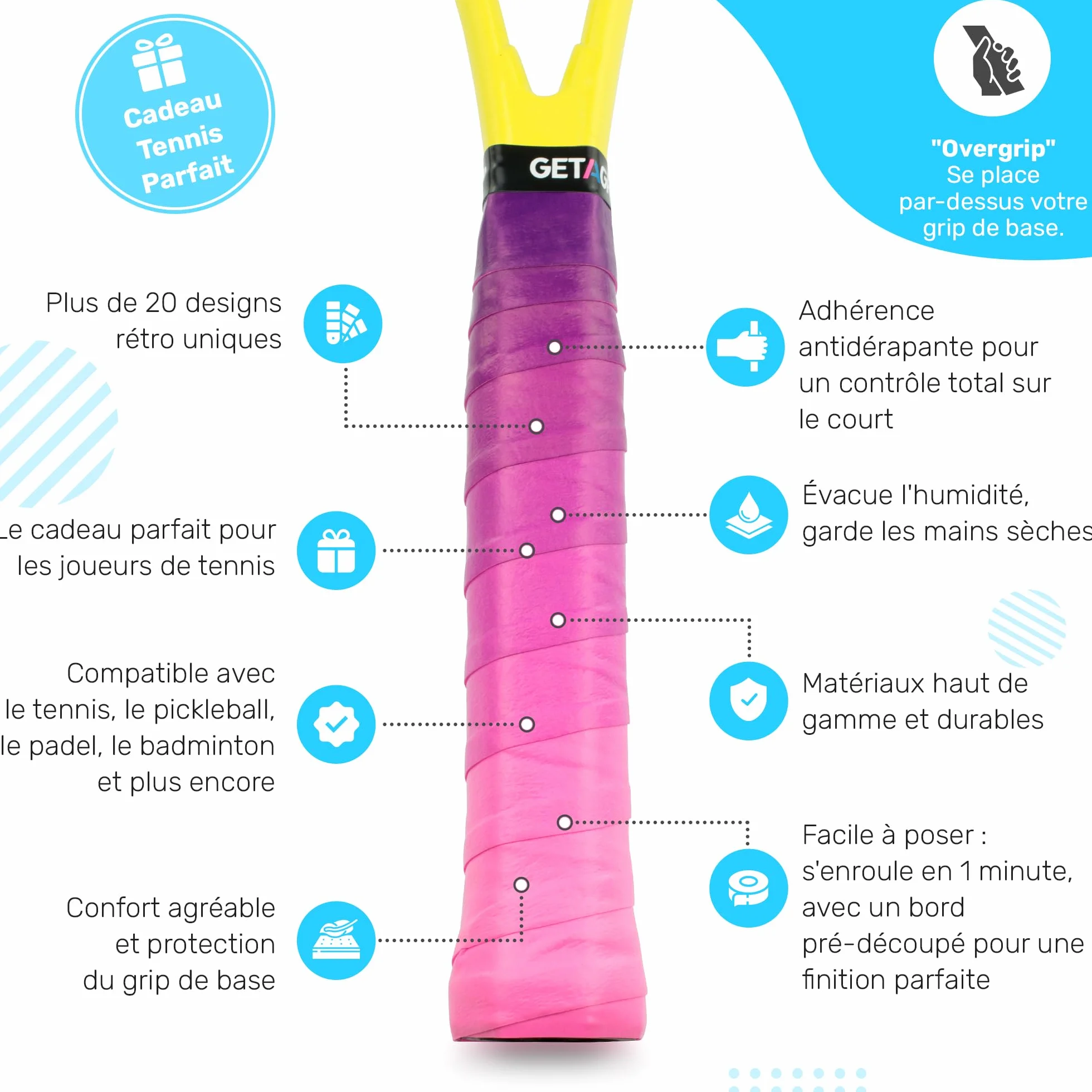 Surgrip Customisé Overgrip de Tennis Antidérapant Séchage Rapide Raquette Padel Badminton