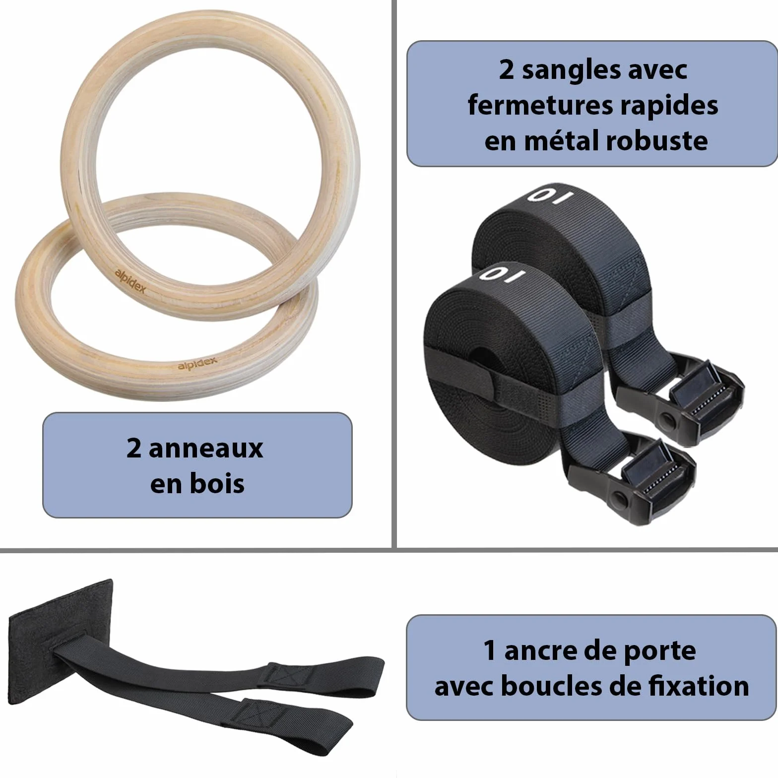 ALPIDEX Anneaux de Sport et de Gymnastique avec Fixation de Porte et Sangle
