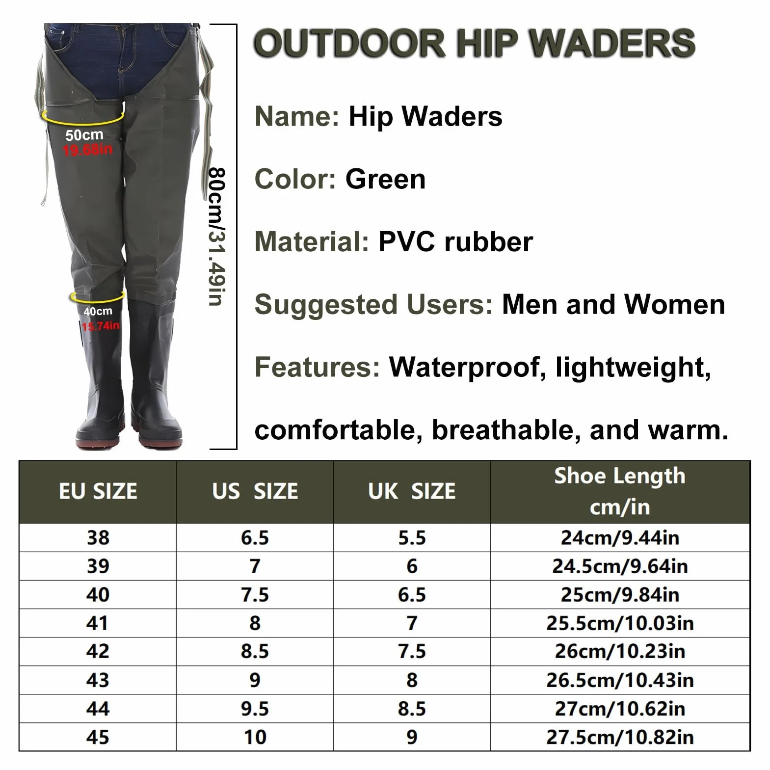 BootfootWader De Pêche Isolé Et Imperméable Cuissardes De Hanche Hommes Femmes 42 EU