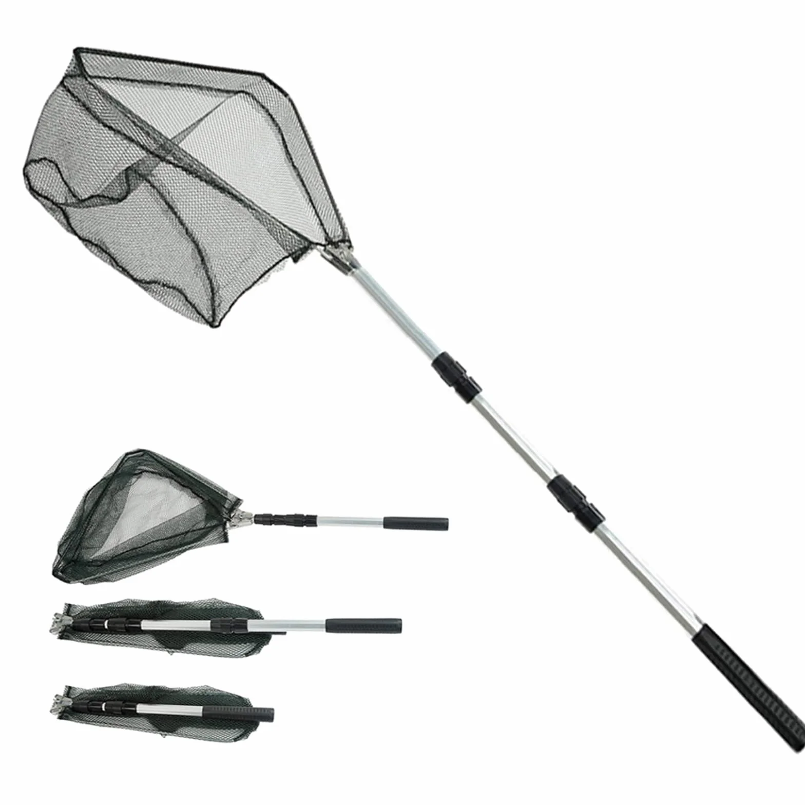 Épuisette de Pêche Pliable 190cm Manche Téléscopique Alliage Aluminium 4 Sections Filet Nylon Triangulaire Extensible 37-68 Pouces Carpe Truite