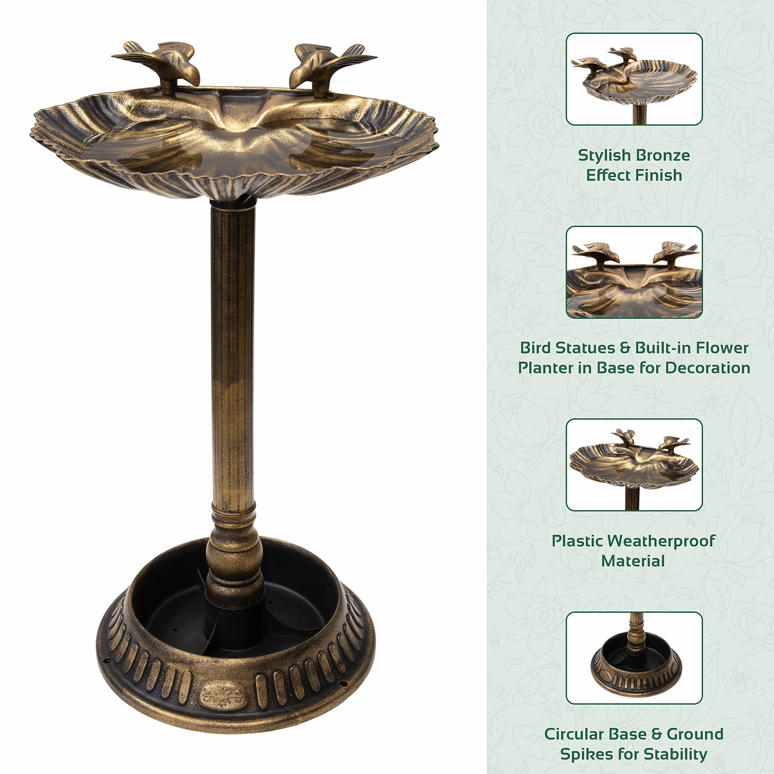 Gardenkraft Bain pour Oiseaux Coquille de palourde avec Base jardinière Bronze