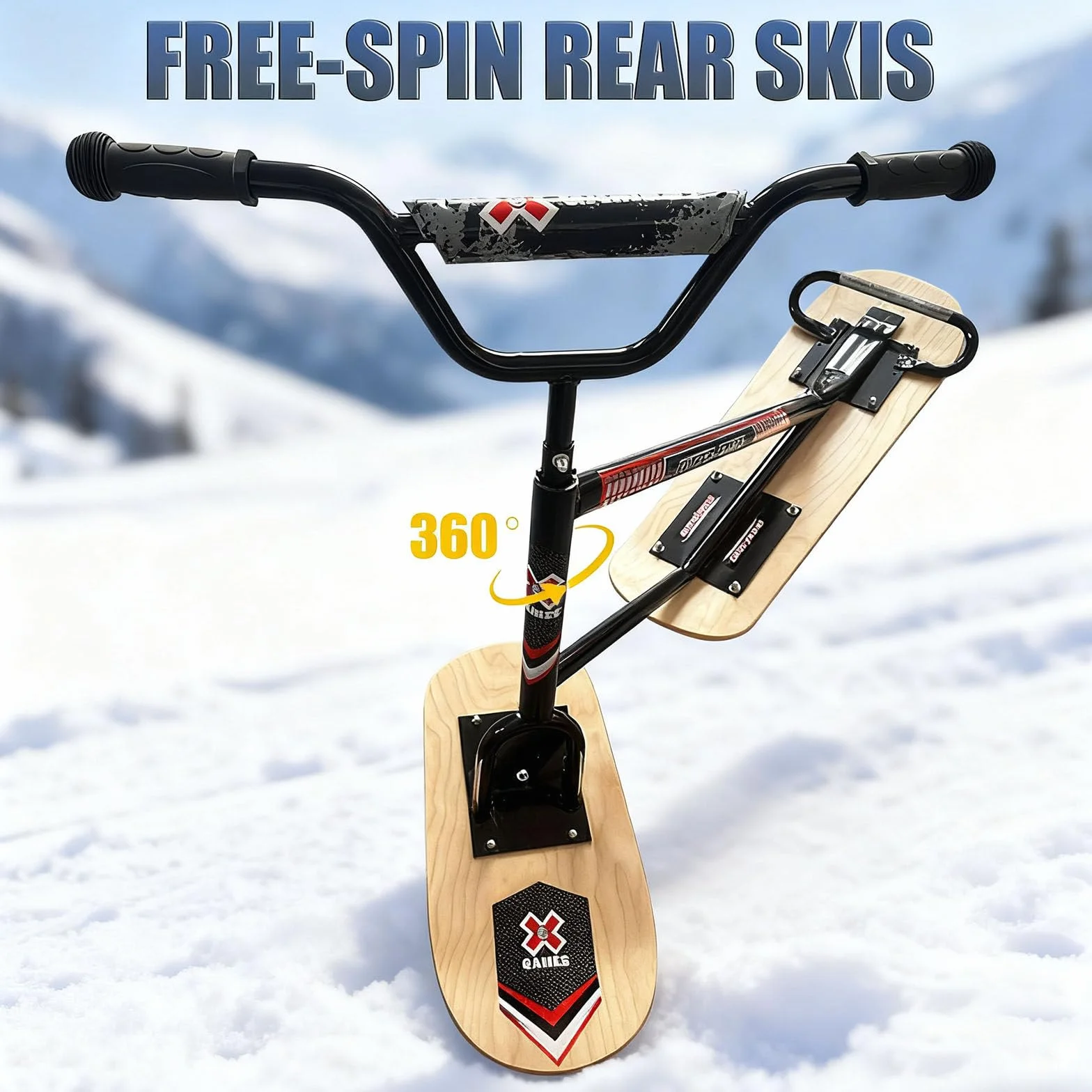 Snow Scooter Adulte Plateau pivotant 360° Double Base Poignée antidérapante Cadre Aluminium Planche Tout-Terrain Noir