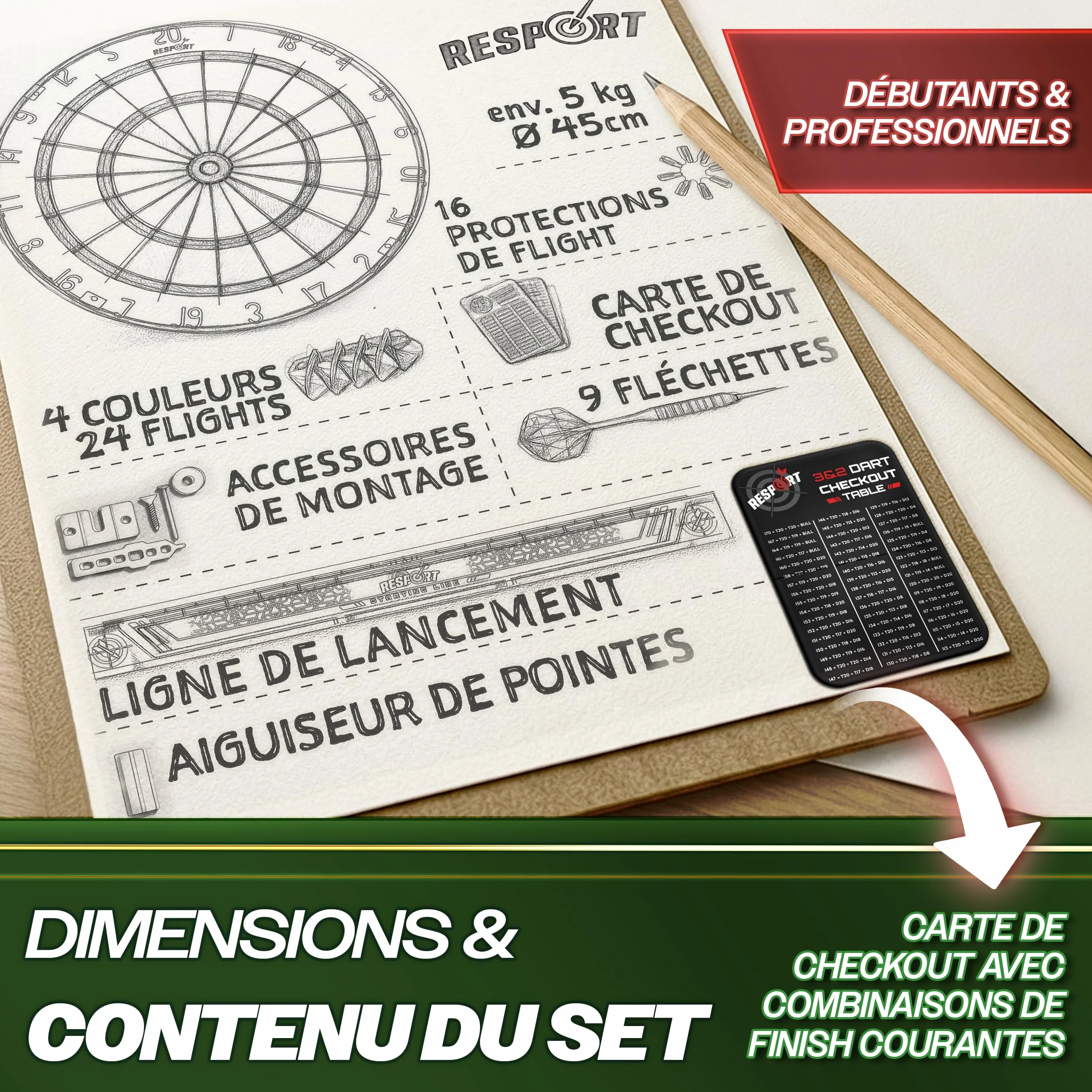 Cible de fléchettes en sisal XXL avec 9 fléchettes professionnelles et kit de montage
