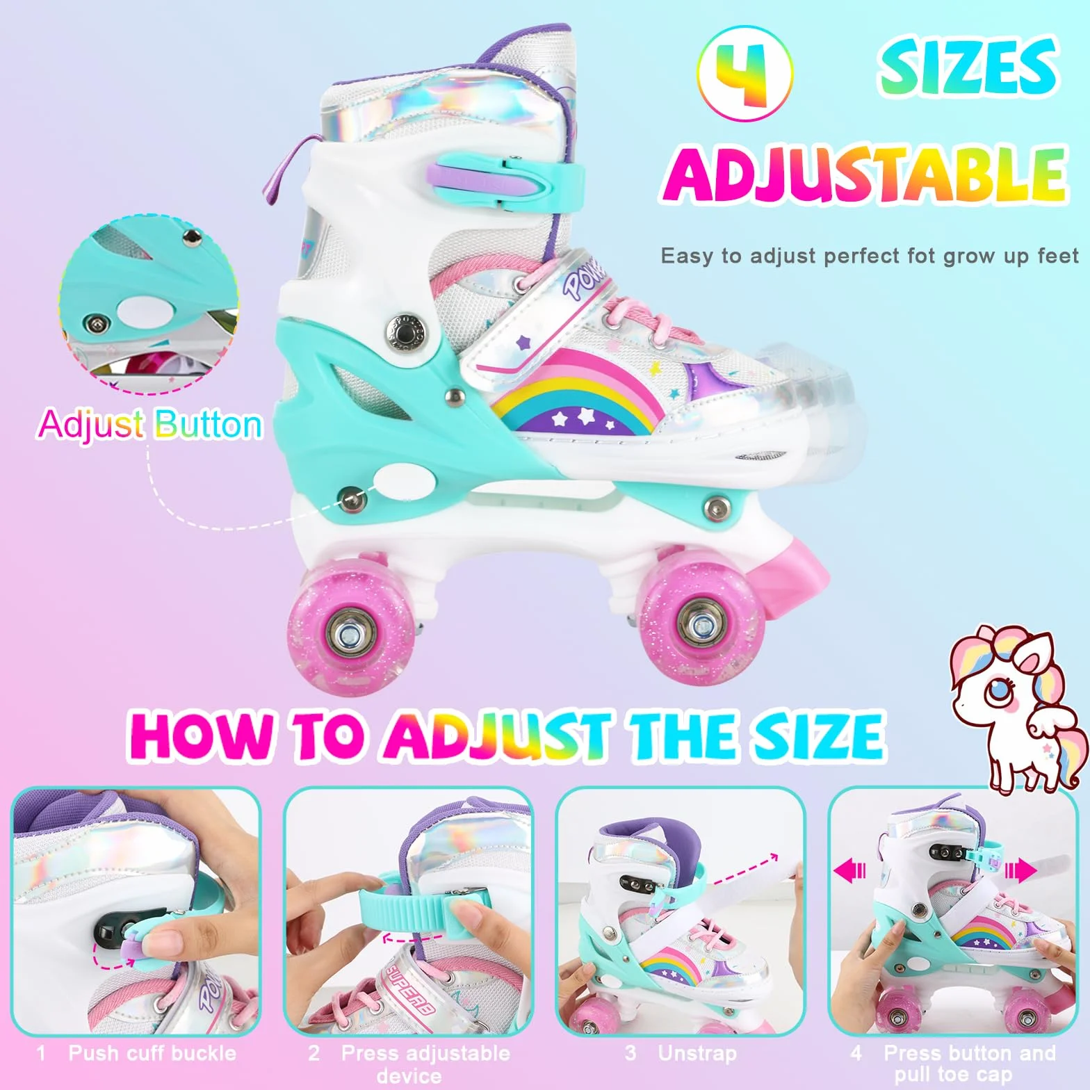 Patins à Roulettes Rainbow Filles Enfants Roues Lumineux Réglables Rollers Quad Débutants