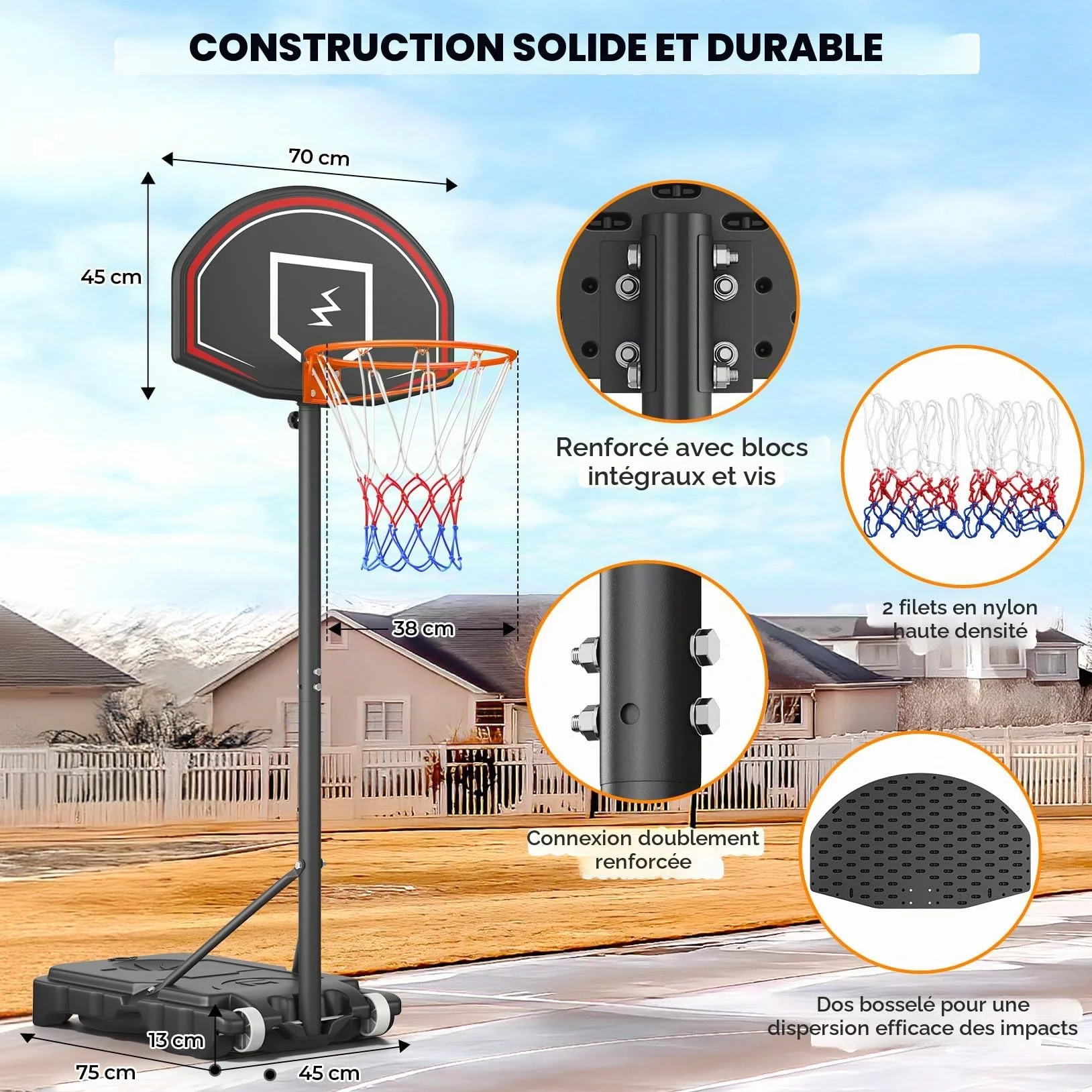 YOLEO Panier de basket extérieur pour enfants réglable 160-210 cm avec système Net System sur roues