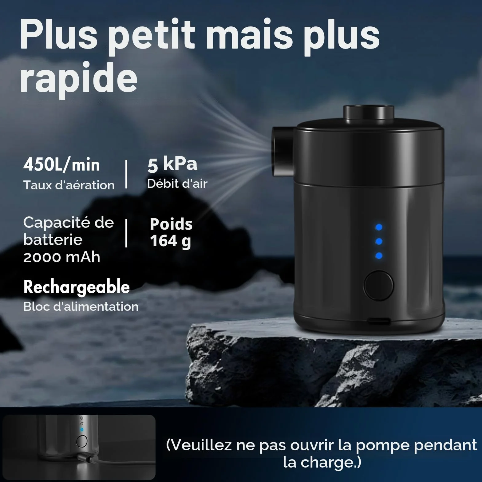 Mojimdo Pompe à Air Électrique Portable Rechargeable 2-en-1 avec 4 Embouts et Sac de Rangement pour Matelas Gonflable, Piscine