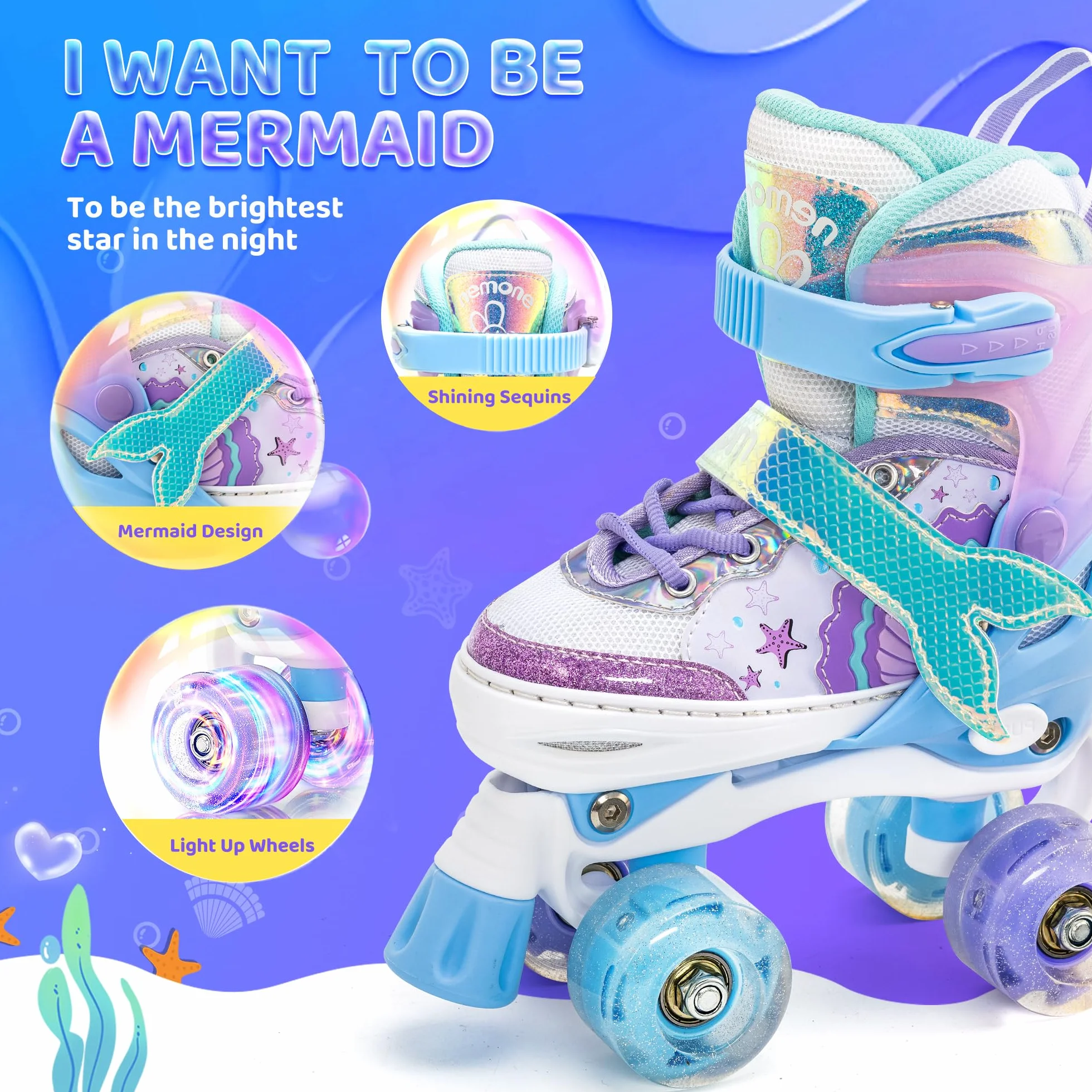 Nemone Sirènes Patins à roulettes Filles Réglable 4 Roues pour Enfants et Débutants Cadeau Noël Anniversaire