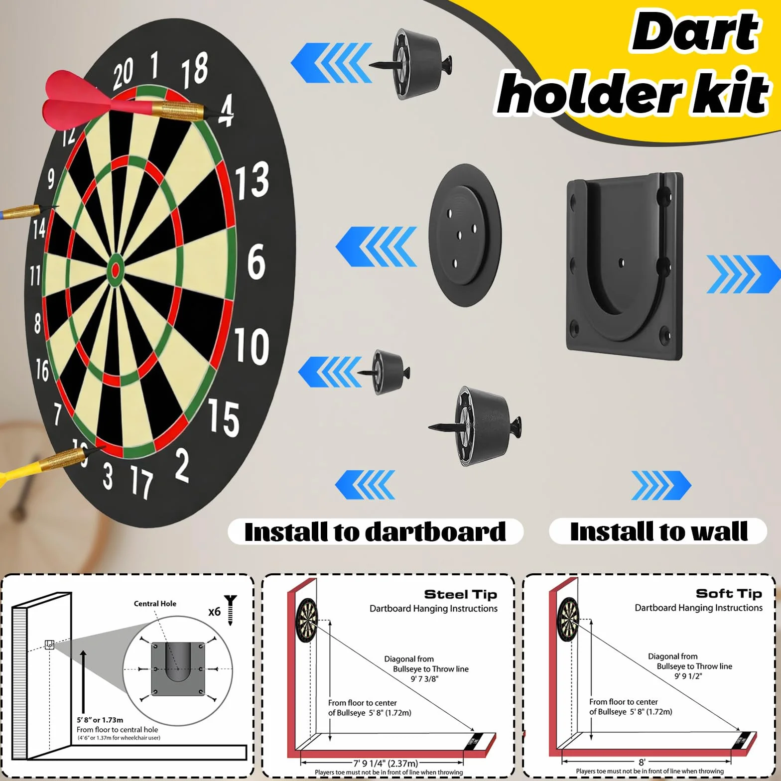 Support de Cible de Fléchettes Professionnel, Kit de Fixation Murale Crochets Supports en U avec Vis